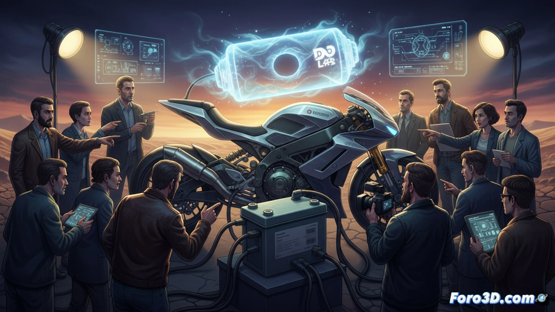engineering visualization of a motorcycle battery being dissected on a steel workbench, a gloved hand holding a thermal camera revealing internal lithium-ion cells instead of solid-state layers, cracked casing exposing conventional 18650 cylindrical batteries, oscilloscope showing voltage curves typical of liquid electrolyte chemistry, bright workshop LED lights casting sharp shadows on metallic tools and a multimeter, realistic forensic technical illustration style, highly detailed components, dramatic industrial lighting, photorealistic render
