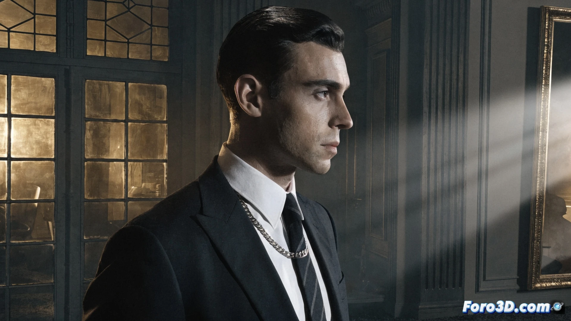 Cinematic scene of a young handsome detective in a modern minimalist room, holding a magnifying glass over a vintage typewriter, while a classic ornate mustache and an aged photograph of Hercule Poirot lie discarded on a sleek glass desk, digital editing software interface projected on a nearby screen showing character transformation sliders, dramatic split lighting contrasting old-world elegance with cold contemporary design, photorealistic technical illustration, intense focus on the contrast between traditional detective tools and sleek digital devices, moody shadows, ultra-detailed textures, high-contrast cinematic lighting