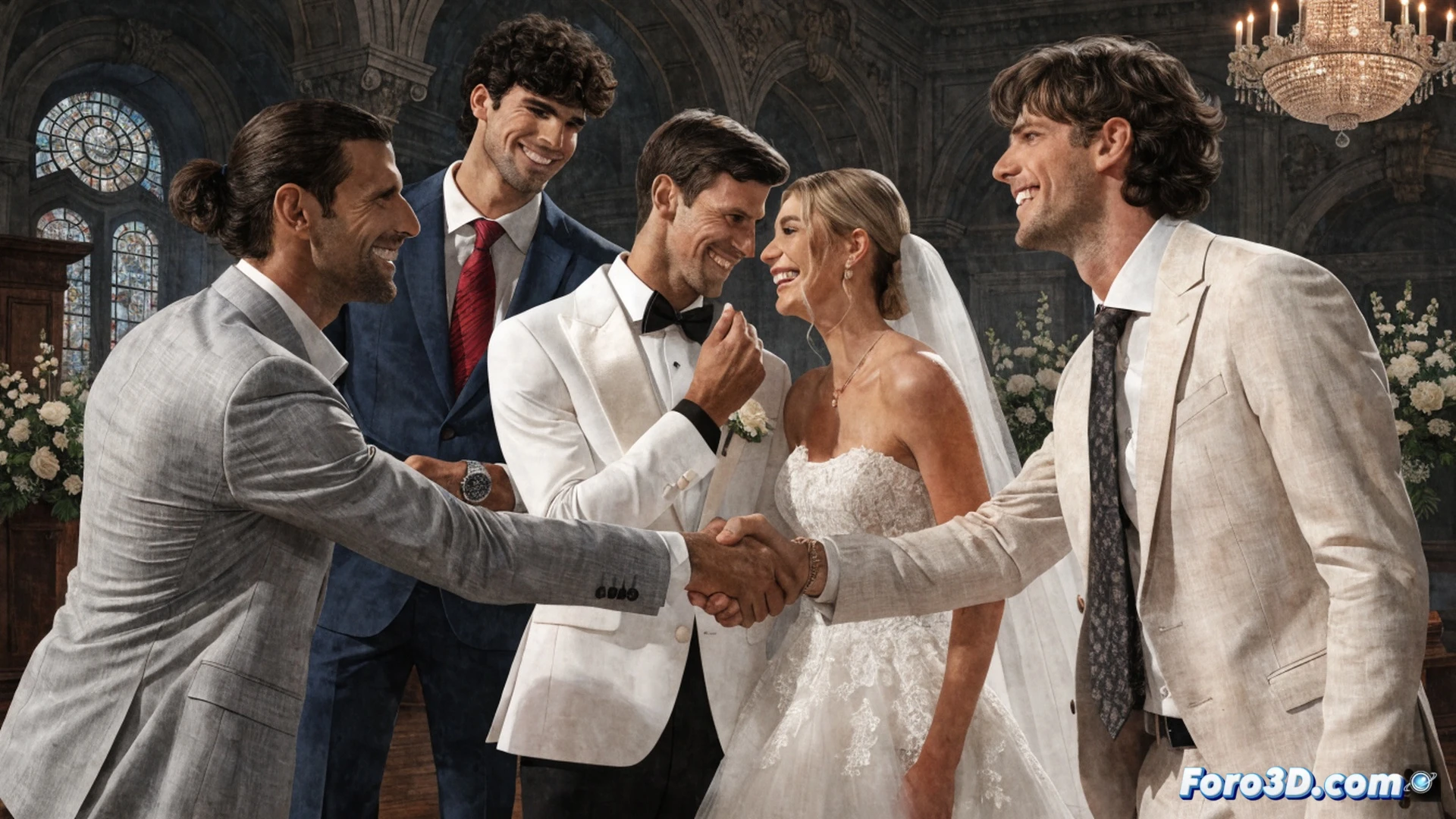 Four tennis stars standing together in a sunlit garden, Casper Ruud in a suit holding a bouquet, Novak Djokovic, Carlos Alcaraz and Jannik Sinner laughing while raising champagne glasses in celebration, warm golden hour lighting, polished formal attire, tennis rackets leaning against a nearby bench, cinematic photorealistic style, soft bokeh background with floral decorations, genuine smiles showing camaraderie, ultra-detailed fabric textures, joyful candid moment, high-end wedding reception atmosphere