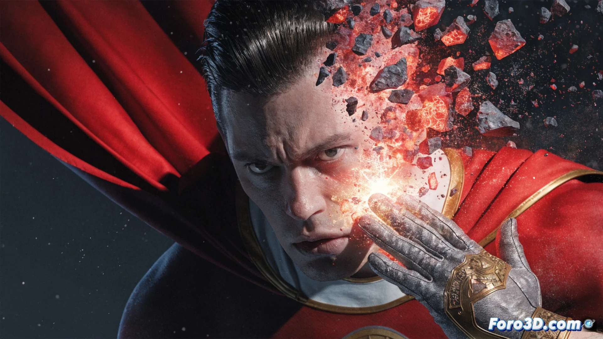 1950s comic book scene, Roy Lincoln as the Human Bomb in a dark alley, touching a metal trash can with glowing orange hands, the can beginning to crack and emit intense light particles, a nearby brick wall showing scorch marks from previous explosions, vintage DC Comics art style, dramatic shadows, yellow and red costume with atomic symbol on chest, dynamic pose with cape flowing, smoke and dust particles suspended in air, cracked pavement beneath his feet, cinematic lighting from the explosion glow, photorealistic render with comic book textures, retro color palette of sepia and muted blues, action frozen mid-detonation