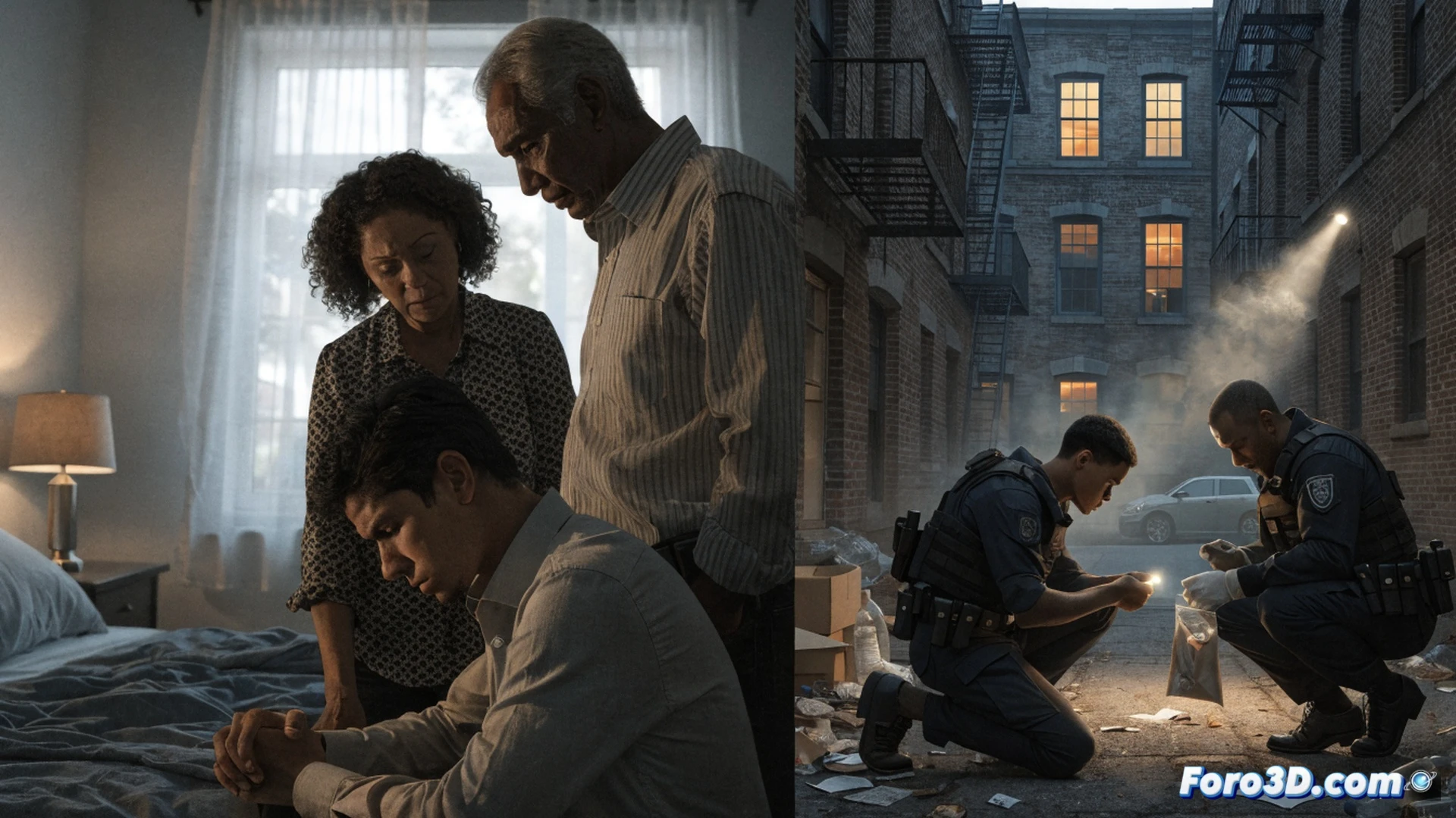 a family huddled around a search command center table, pointing at a digital map on a large monitor showing a missing person tracking route, a paused clock icon glowing red on the screen, scattered hiking gear and GPS devices on the desk, a father holding a flashlight with trembling hands, mother gripping a printed flyer of Sur, empty chairs symbolizing halted daily life, cinematic photorealistic render, cold blue lighting from monitors, dust particles in the air, deep shadows, hyper-detailed textures on worn jackets and paper, emotional tension visible through body language, dramatic cinematic composition