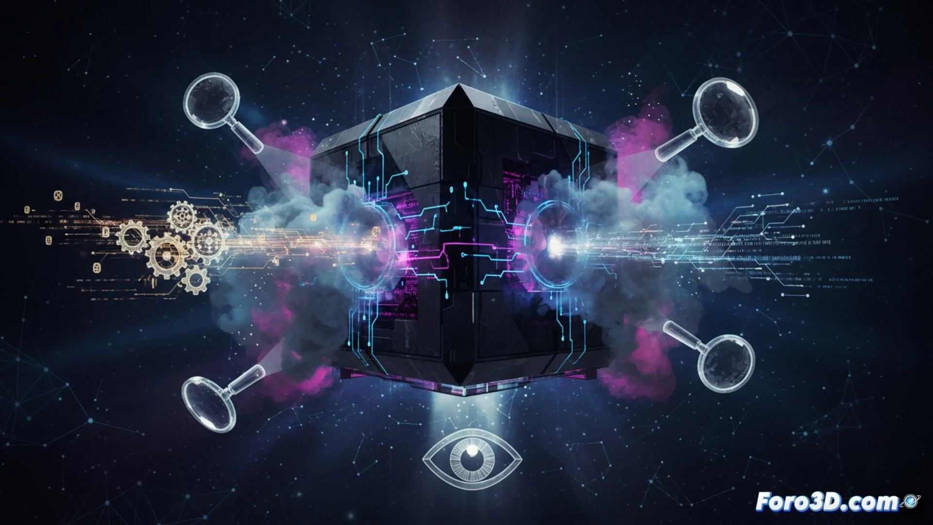 A transparent glass cube being pried open by glowing digital tools, revealing a complex network of illuminated circuits and decision trees inside, while a robotic hand examines the exposed logic pathways, photorealistic technical illustration, cinematic lighting casting sharp shadows, high-contrast metallic and glass textures, intricate circuit board details, glowing data streams flowing outward, engineering visualization style, crisp focus on the opening mechanism and internal components