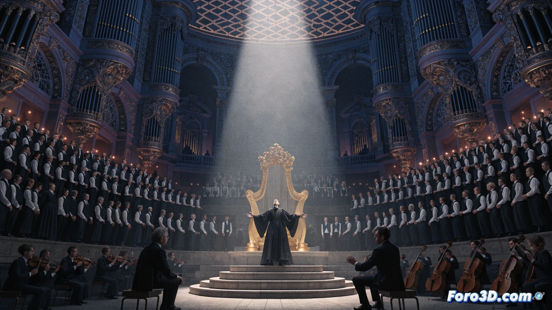 Baroque church interior in Leipzig, audience members casting paper votes into illuminated glass ballot boxes, a digital screen showing BWV 106 score with glowing notes rising into the air, musicians from Vox Luminis and Gaechinger Cantorey performing on stage, conductor directing with visible passion, sunlight streaming through stained glass windows onto wooden pews, cinematic wide-angle shot, photorealistic architectural visualization, warm amber and gold lighting, sheet music details visible on stands, subtle motion blur of bowing strings, dramatic chiaroscuro contrast, technical illustration of acoustic wave patterns floating above the congregation
