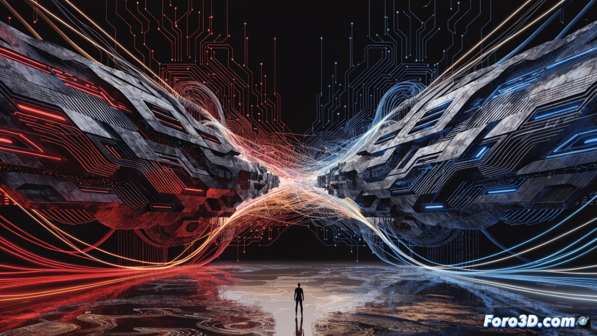 two giant robotic hands playing chess with a glowing holographic board, while a tiny human silhouette stands behind a glass wall watching without being able to touch the pieces, chess pieces made of circuit boards and data cables, one hand labeled with corporate logos and the other with government insignia, the board emits surveillance beams scanning the human figure, cinematic photorealistic style, dark blue and red neon lighting, metallic reflections on the robotic arms, motion blur on the moving pieces, dramatic shadows, ultra-detailed mechanical joints, sci-fi control room background, glass barrier with digital lock interface