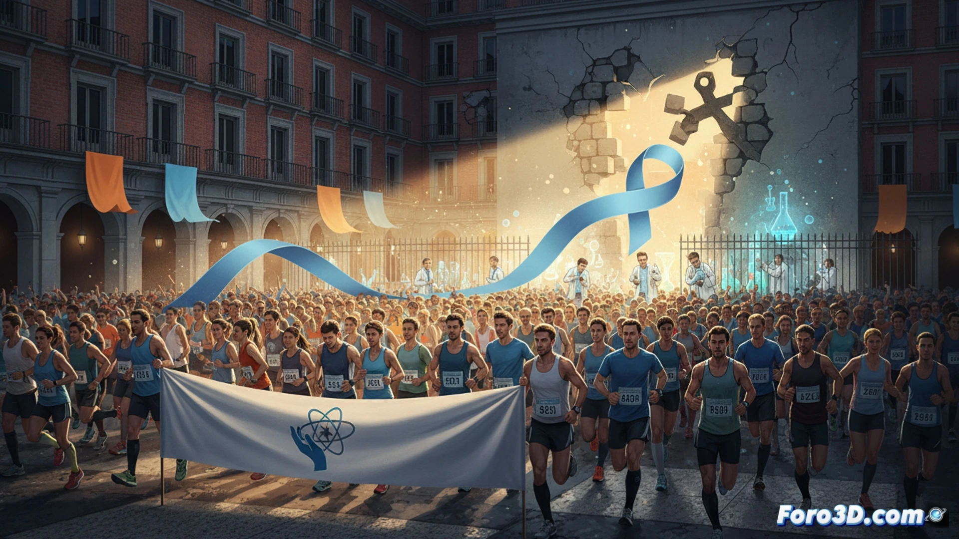 Photorealistic scene of a runner crossing a finish line at a corporate-sponsored charity race, while in the background a government official turns away from a crumbling hospital wing, surgical tools and medical monitors visible through broken windows, runner’s bib shows a blank space where a logo should be, empty IV bags and prescription bottles litter the roadside, contrast between bright race banners and faded public health posters, cinematic lighting with harsh shadows, ultra-detailed textures of asphalt, fabric, and concrete, dramatic tilt-shift focus emphasizing the gap between individual effort and systemic neglect, photorealistic technical render.
