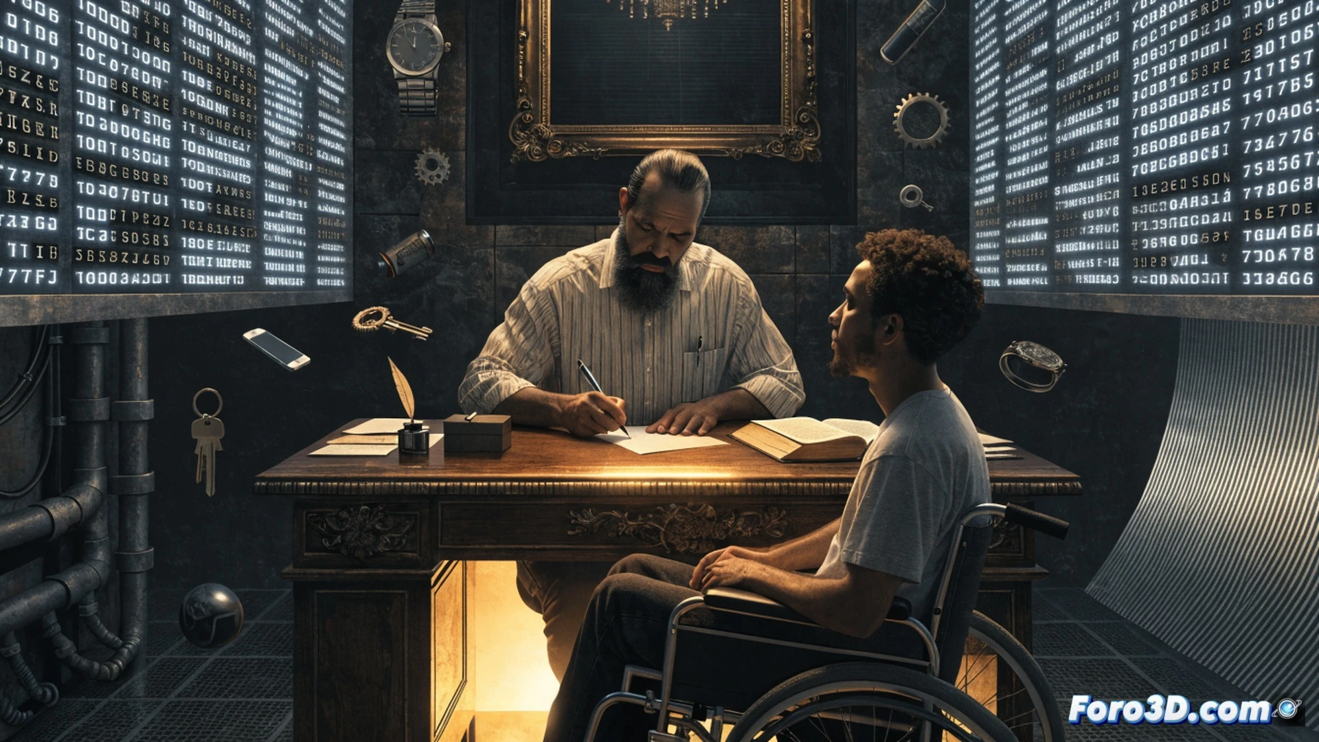 A father kneeling beside his son in a wheelchair, both smiling while holding hands, a messy desk covered with crayon drawings and a half-assembled robotic arm, a framed diploma on the floor partially hidden behind a pile of family photographs, warm sunlight streaming through a window illuminating scattered tools and a tablet showing a paused video call, cinematic photorealistic style, soft focus on the father-son connection, intimate domestic lighting, emotional depth, ultra-detailed textures of wood and fabric