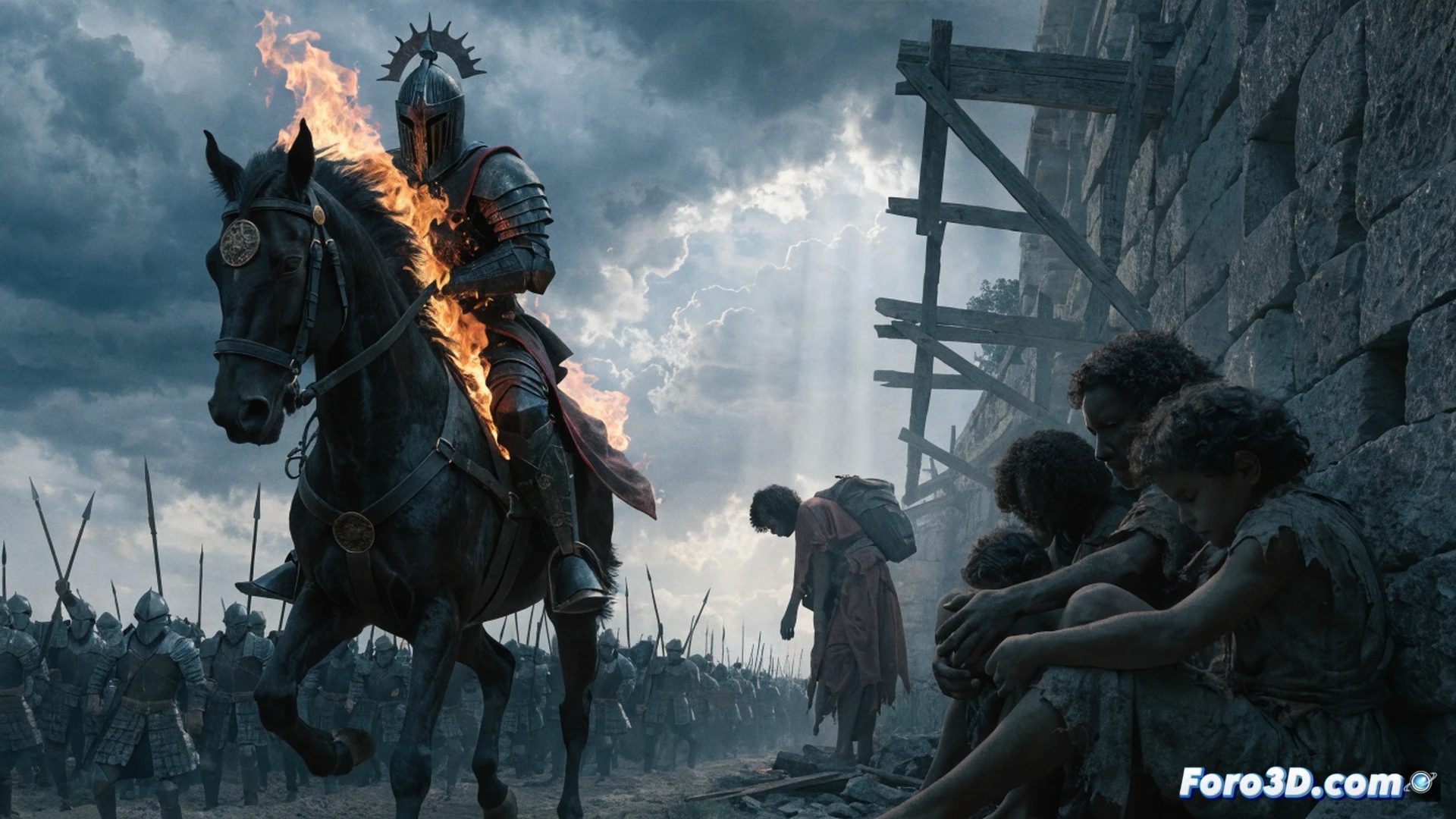 Cinematic battle aftermath scene, wounded soldiers from both sides lying among shattered siege weapons, a dragon’s wing torn and bleeding on scorched ground, a child clutching a broken sword while fleeing through smoke, burning village huts in background, no victors visible only suffering, photorealistic medieval war devastation, dark grey ash-filled sky, mud and blood on armor, dramatic low-angle shot emphasizing human cost, ultra-detailed textures on stone walls and charred wood, emotional solemn lighting, technical illustration style with realistic fabric tears and metal dents