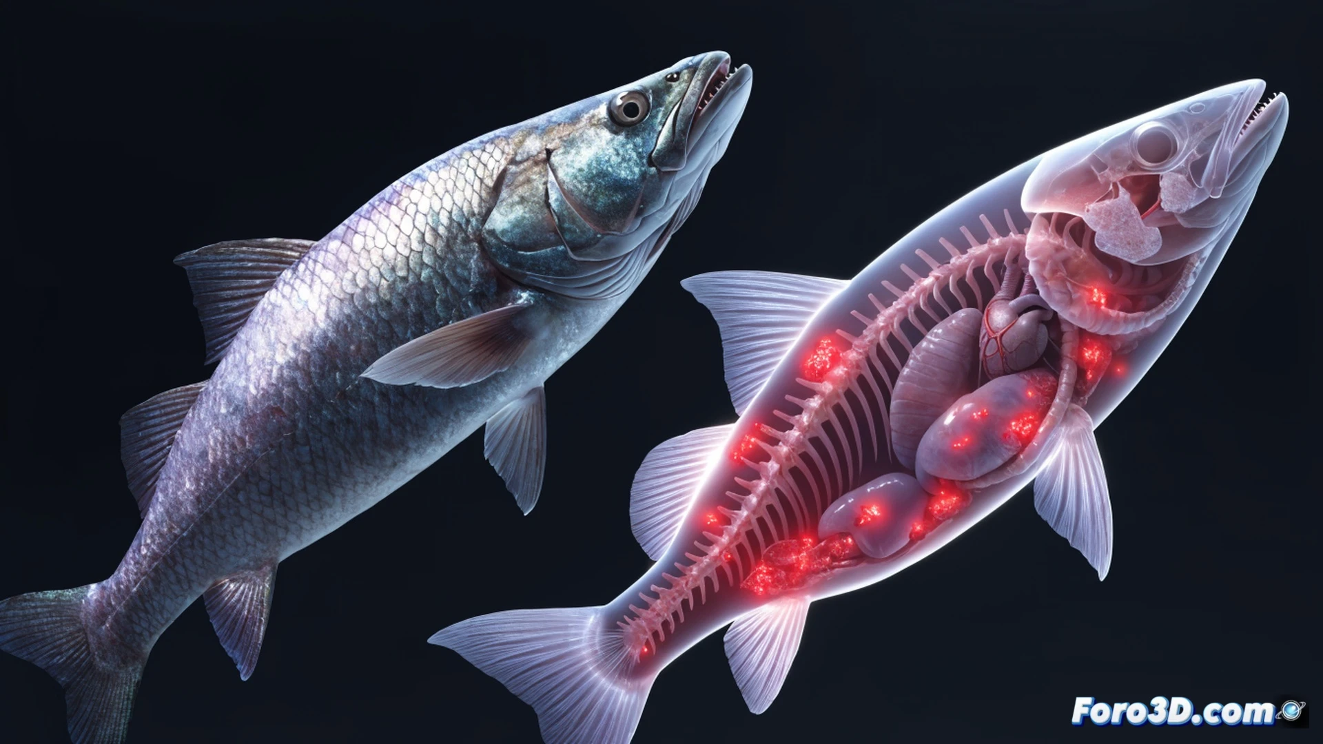 Photorealistic technical illustration of a fish being split open on a stainless steel laboratory table, a gloved hand holding a digital spectrometer probe measuring mercury levels in the translucent flesh, while a holographic nutritional chart floats above showing omega-3 molecules and vitamin D symbols, a European Commission document with official stamps partially visible beside a magnifying glass, dramatic cold blue and warm orange lighting contrasting risk and benefit, ultra-detailed scales and gills, cinematic depth of field, scientific equipment arranged precisely, clean industrial lab environment.