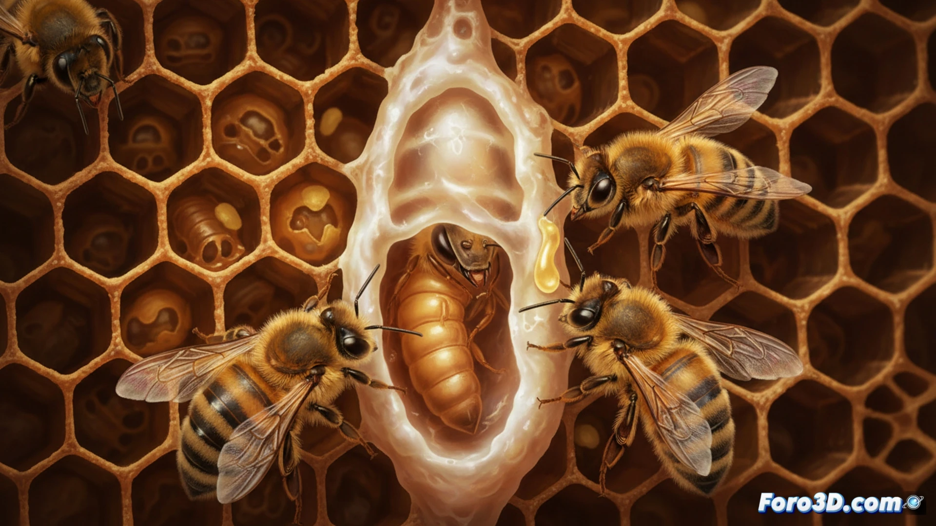 Extreme macro view inside a hexagonal honeycomb cell, worker bees actively secreting and smoothing a softer wax layer on the inner walls, queen larva developing inside surrounded by royal jelly, contrasting rigid standard wax cells nearby, chemical composition difference visualized with translucent glowing molecular structures embedded in the wax, photorealistic technical illustration, hyper-detailed bee anatomy, crystalline wax textures, warm amber and golden lighting, scientific laboratory aesthetic, ultra-sharp depth of field, microscopic engineering visualization