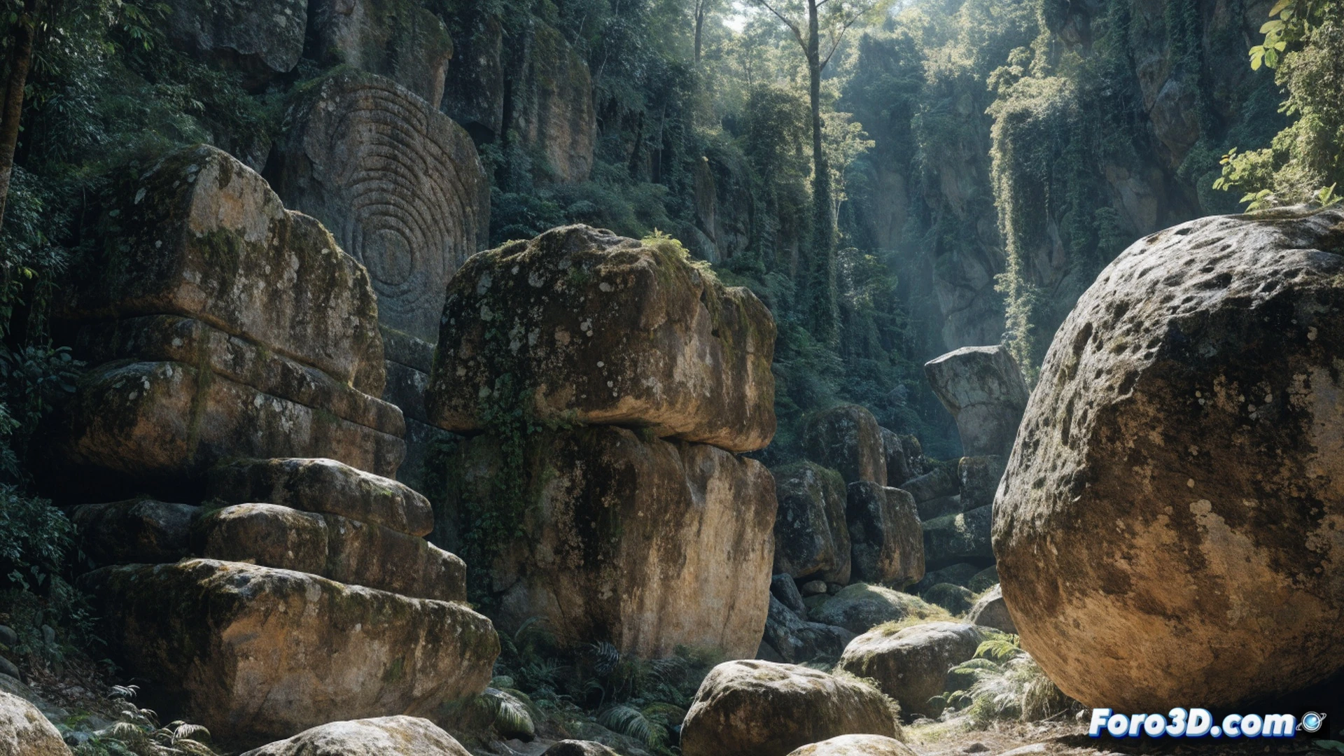Cinematic photorealistic scene of massive stone blocks over two meters high being dragged across a muddy jungle clearing in Morona Santiago, Ecuador. Indigenous workers using wooden levers and woven ropes to move a colossal megalith, while a geologist in a khaki vest measures a block with a laser rangefinder. Nearby, a laptop on a portable table displays a 3D structural analysis model. Dense tropical foliage surrounds the site, misty atmosphere, dramatic low-angle sunlight filtering through canopy, ultra-detailed stone textures with moss and lichen, technical engineering visualization, realistic scale comparison showing human figures dwarfed by the blocks.