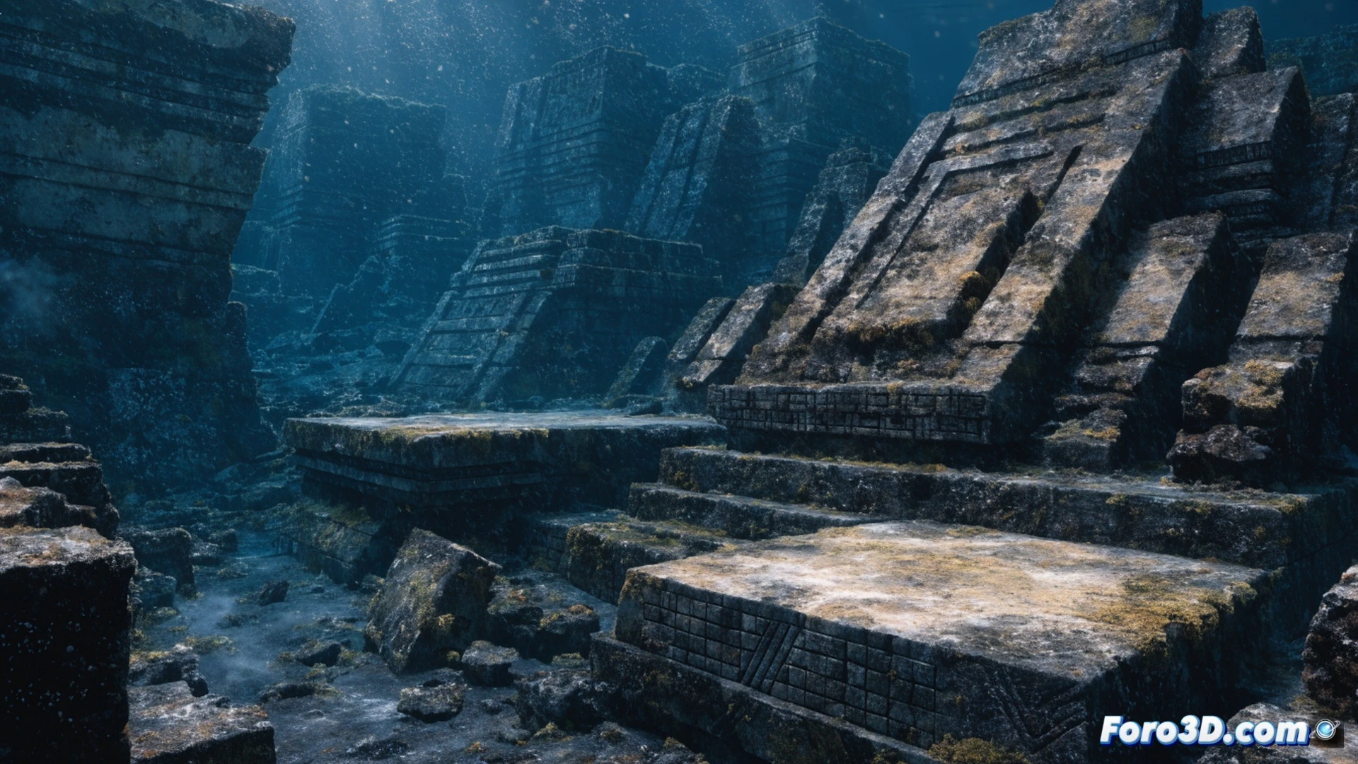 deep-sea sonar scan visualization, geometric granite blocks and pyramidal shapes emerging from darkness at 600 meters depth, underwater ROV drone hovering above angular stone formations while its robotic arm extends to measure a rectangular structure, sediment particles drifting across ancient-looking corridors, split-screen display showing side-scan sonar data with highlighted grid patterns on the left and live camera feed on the right, cinematic photorealistic underwater lighting, blue-green abyssal atmosphere, beams from ROV headlights cutting through murky water, technical engineering illustration style, ultra-detailed rock textures, dramatic contrast between natural and artificial-looking forms
