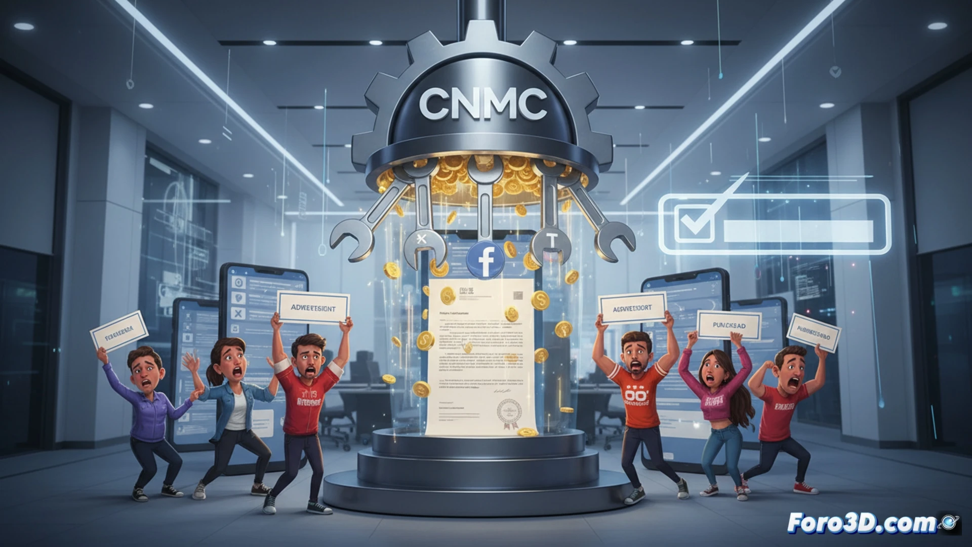 photorealistic scene of a smartphone held by a hand, screen showing a social media feed with a blurred influencer selfie and a glowing warning label overlay, a small robotic clamp tightening a metallic nut on the phone frame, a magnifying glass hovering over the screen revealing hidden ad tags, technical illustration style, dramatic blue and amber lighting, macro lens focus on the clamp and screen interface, digital particles forming a net around the phone, cinematic depth of field, hyper-detailed textures of plastic and metal