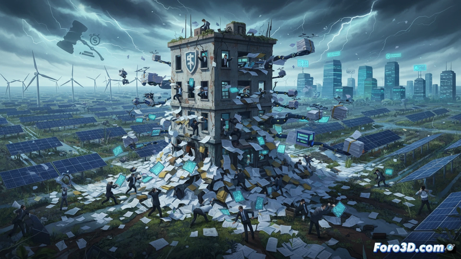 Aerial view of a chaotic control room, dozens of engineers overwhelmed by a towering stack of 62,000 glowing holographic plant schematics, tangled red warning lines connecting each to CNMC servers, external contractors in blue suits entering through a glass door while internal staff struggle with overflowing digital dashboards, technical illustration style, cinematic lighting, high-contrast shadows, neon blue and orange data streams, photorealistic engineering visualization, showing system complexity and process overload, dramatic wide-angle perspective