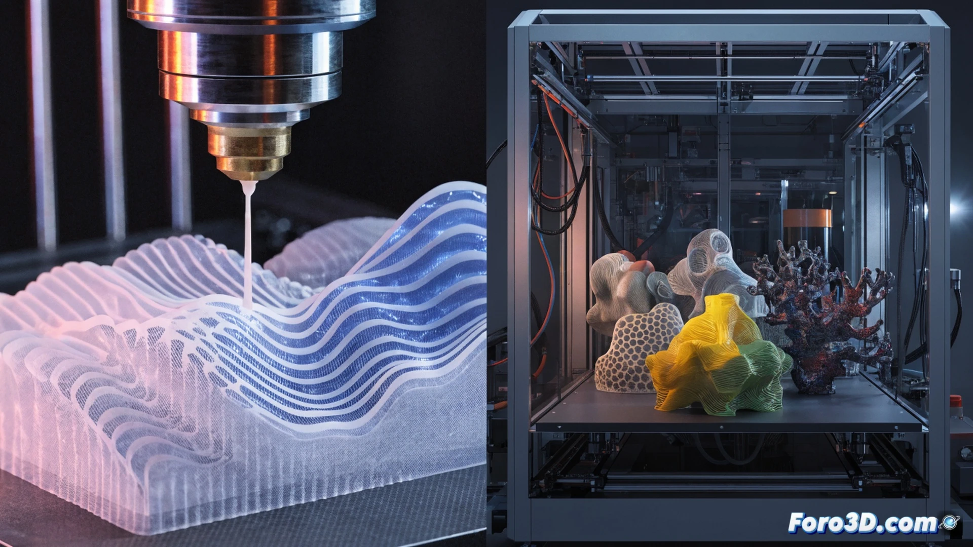 advanced 3D printing laboratory scene, technician wearing white lab coat and safety glasses adjusting a large industrial SLA printer during a live print cycle, resin vat glowing with UV light while a complex lattice structure emerges layer by layer, multiple FDM printers running in background on metal shelving, computer monitors displaying CAD software with real-time slicing data, calibration tools and spare print heads arranged on workbench, bright cleanroom lighting reflecting off polished concrete floor, engineering visualization style, sharp focus on printer nozzle depositing filament with visible extrusion process, ultra-detailed mechanical components, photorealistic technical render