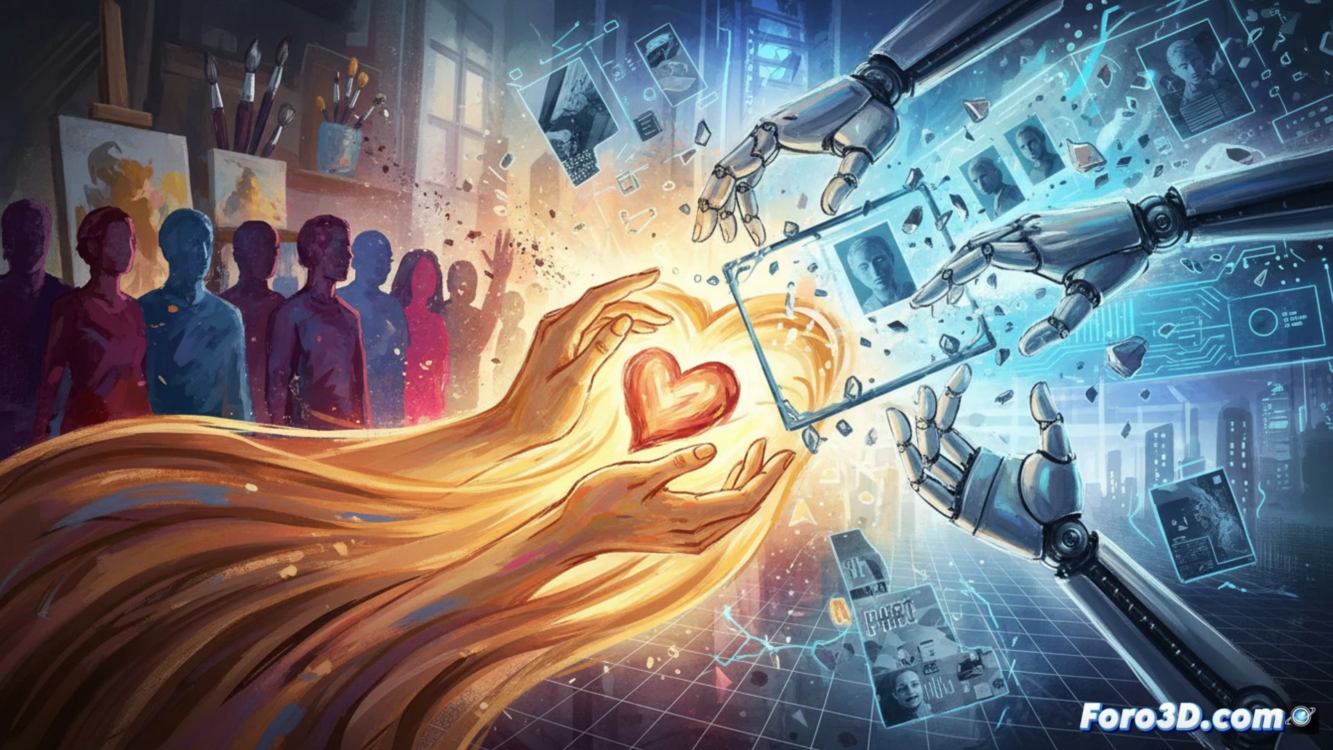 cinematic scene of a weathered human hand gently touching a glowing holographic interface, while a sleek robotic arm pauses mid-motion, sparks of light fading from its fingertips, showing the contrast between organic warmth and cold precision, set in a dimly lit futuristic studio with scattered digital tablets and styluses, soft amber light illuminating the hand, cool blue light on the machine, photorealistic technical illustration, shallow depth of field, dramatic chiaroscuro lighting, hyper-detailed skin texture versus polished metal, emotional tension captured in the moment of hesitation