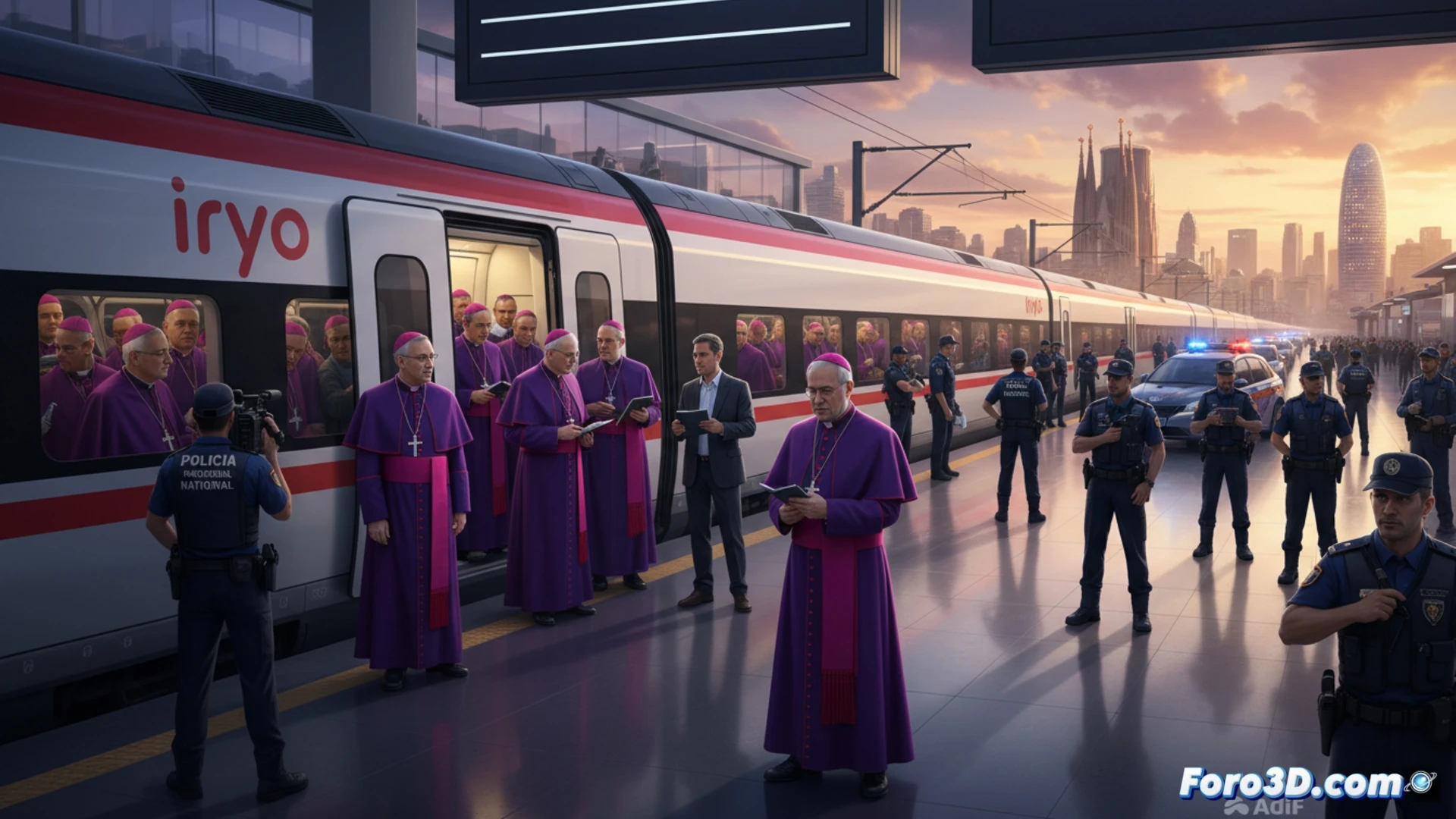High-speed train Iryo exterior at Madrid station platform, group of bishops in dark suits boarding through glass doors, police officers coordinating near train doors with radio equipment, railway security barriers and Adif signage visible, cinematic photorealistic technical illustration, bright modern station lighting reflecting on train white body, motion blur in background commuters, ultra-detailed textures on train surface and clothing, dramatic wide-angle perspective emphasizing organized flow of passengers, realistic industrial environment