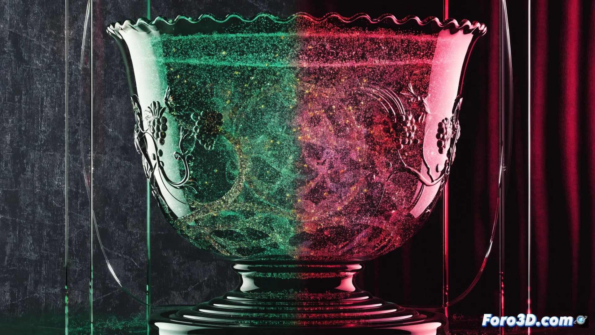 Ancient Roman glassblower shaping molten dicroic cup, gold and silver nanoparticles suspended in glowing green glass matrix, sunlight hitting the cup surface transitioning to red, microscopic view inset showing nanoscale metal spheres embedded in vitreous structure, artisan hands using iron tools while cup emits dual-colored light, cinematic photorealistic technical illustration, dramatic workshop lighting, sparks flying from furnace, particle physics visualization with glowing metallic dots, ultra-detailed glass refraction, historical engineering aesthetic, 4K render quality