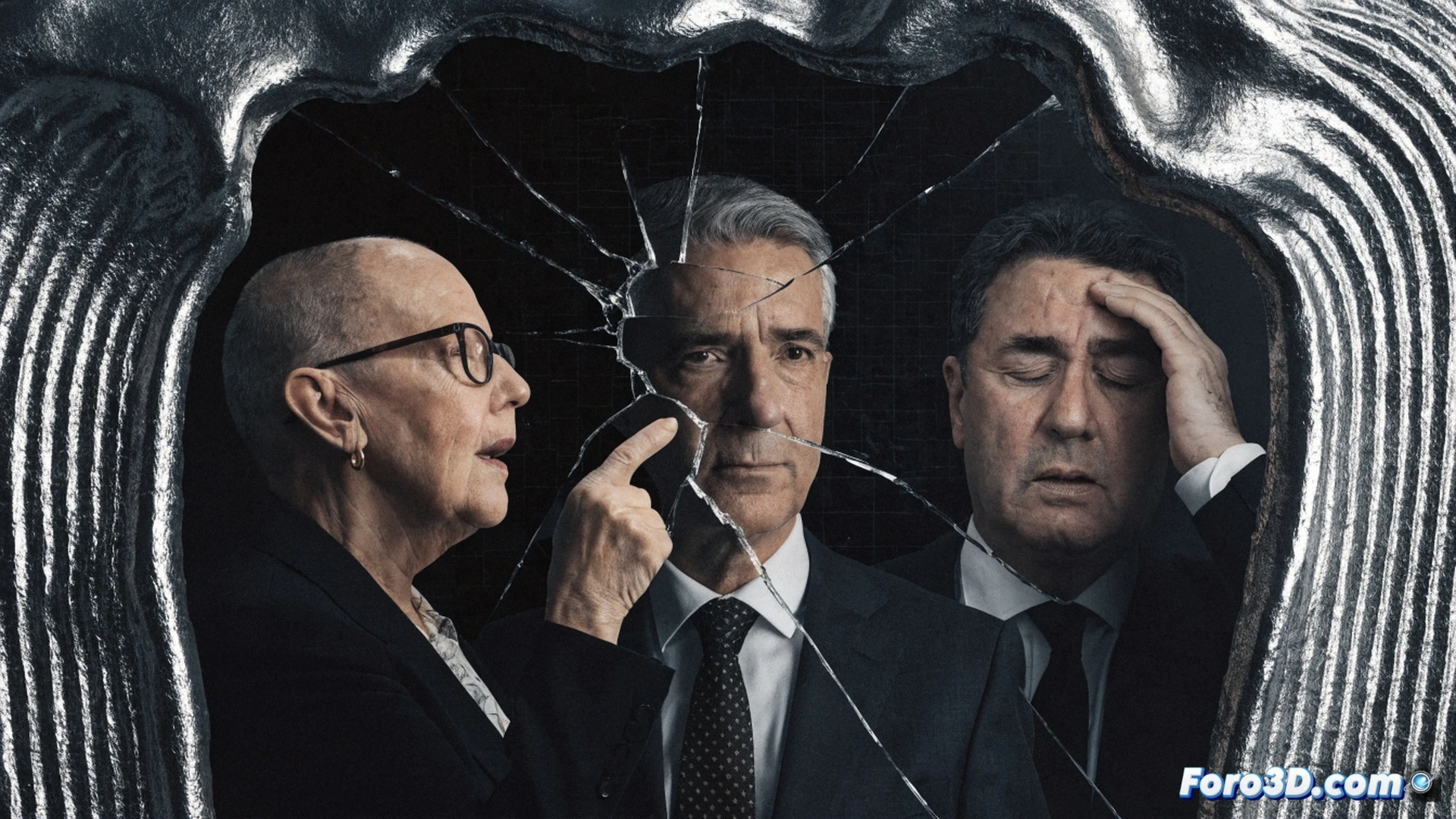 photorealistic cinematic scene of a cracked judicial gavel reflecting in a smoky mirror, a businessman figure in handcuffs pointing toward a blurred politician silhouette, legal documents with torn edges floating mid-air, a broken scale of justice on a dark wooden table, forensic light beams scanning the scene, intense courtroom shadows, dramatic chiaroscuro lighting, ultra-detailed textures of leather and metal, technical illustration style with forensic evidence markers, corruption investigation atmosphere