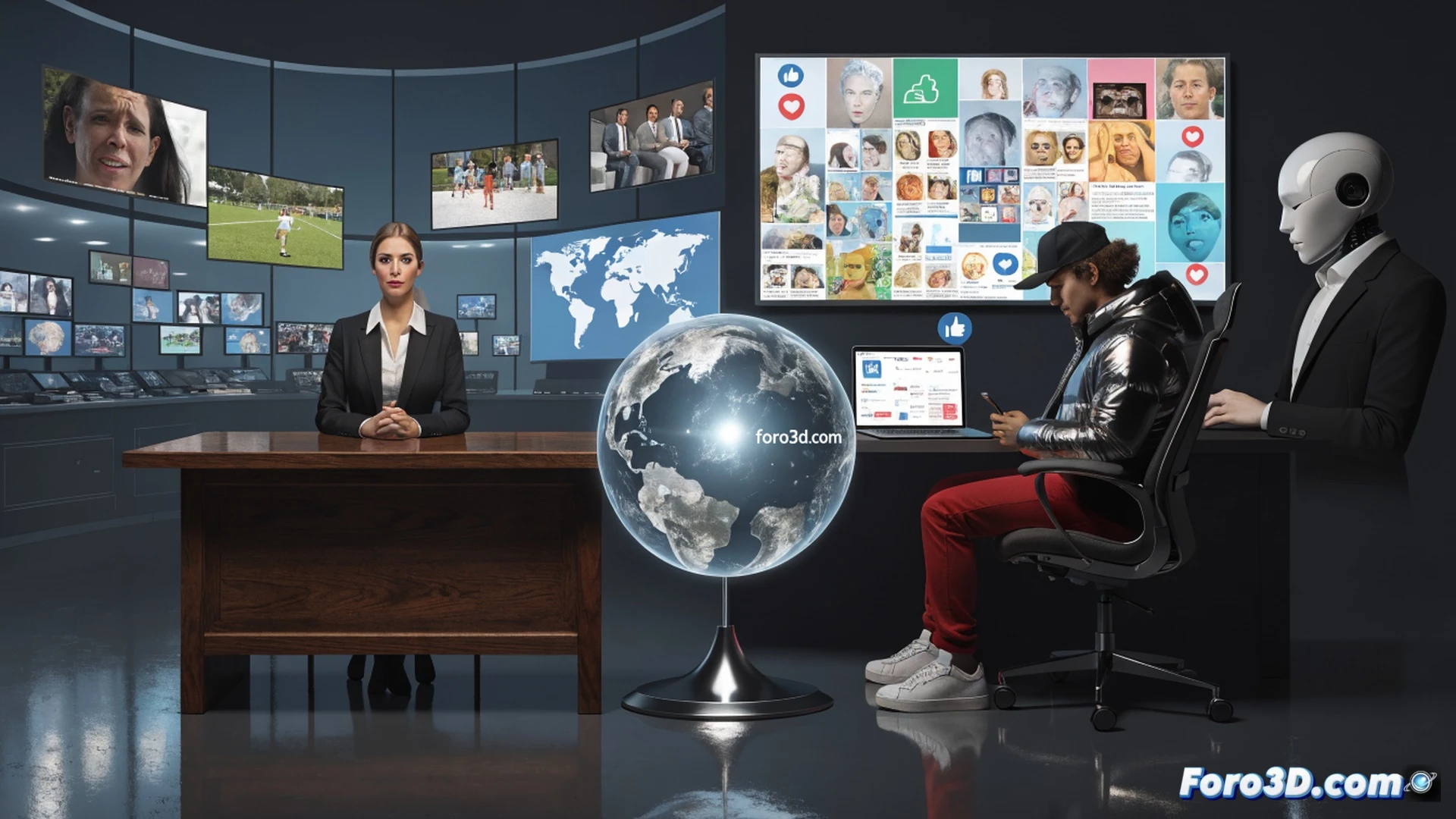 photorealistic newsroom scene, journalist typing on mechanical keyboard while monitoring a glowing holographic dashboard showing trust metrics, traditional newspaper and digital tablet displaying verified headlines side by side, social media icons fading into translucent background, AI chatbot interface dimmed and de-emphasized, subtle green checkmark icons floating above credible sources, warm professional lighting on editorial desk, dark blue ambient room, cinematic technical illustration, crisp lens focus on keyboard and dashboard interaction, demonstrating human-led verification process