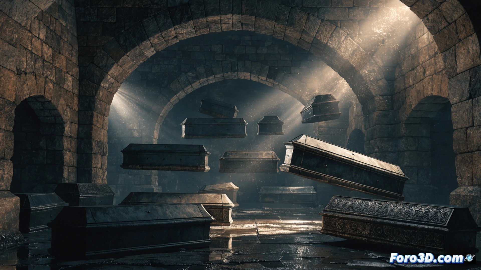 heavy lead coffins inside a dark stone crypt, iron handles twisted and displaced, coffin lids slightly ajar as if pushed from within, dust motes floating in a single beam of lantern light, stone walls damp with tropical humidity, a wooden door with rusted iron hinges left open, floor showing drag marks in the limestone dust, cinematic horror documentary style, volumetric lighting from a handheld lantern, deep shadows, cold grey stone textures, photorealistic historical recreation, 8k detail, dramatic chiaroscuro, no text or numbers visible