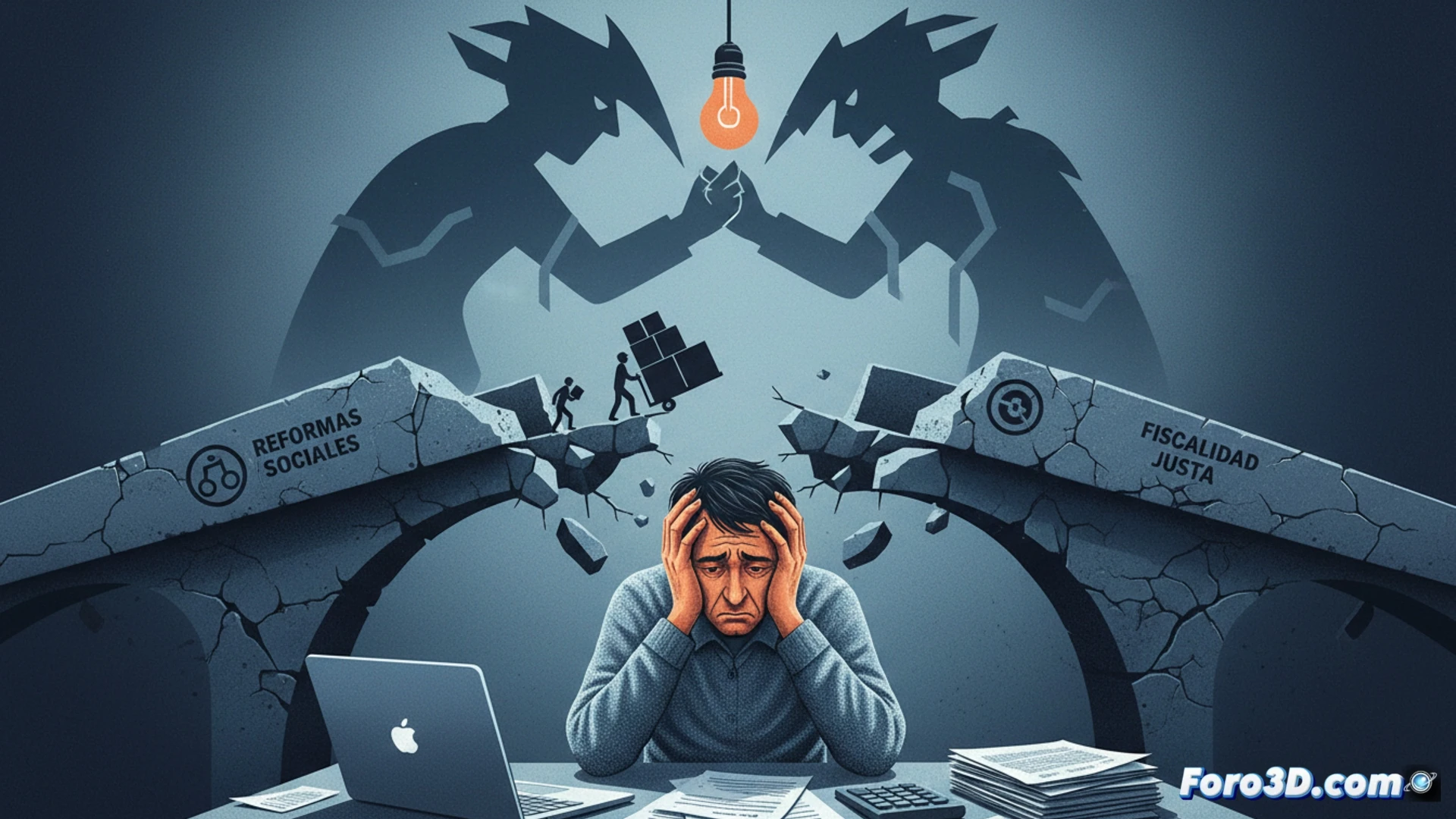 autonomous worker standing at crossroads with two diverging paths, one path showing parliamentary building with broken columns and falling debris representing political crisis, other path showing modern co-working space with collaborative tools, holding tablet showing declining business graph, overhead dramatic storm clouds versus clear sky, technical illustration style, dark suit with tension in shoulders, photorealistic architectural background, cinematic lighting with high contrast shadows, ultra-detailed fabric textures, precise geometric composition, professional editorial photography aesthetic
