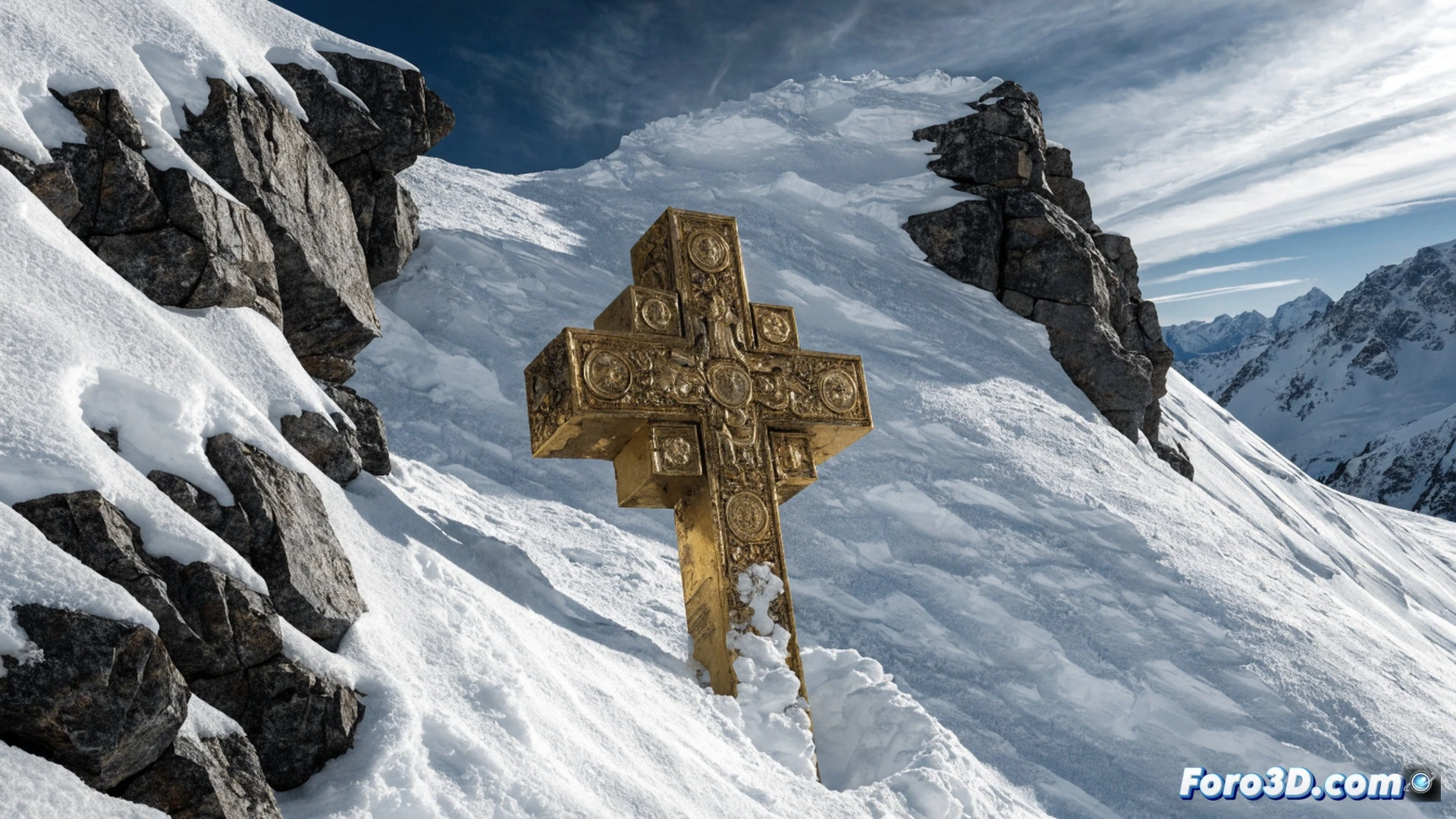 Guardia Civil en rescate alpino recuperando una cruz metálica oxidada en ladera nevada de alta montaña, agente con arnés y mosquetones asegurando el objeto mientras otro utiliza un GPS y radio de emergencia, nieve polvo levantada por el viento, crampones y piolet visibles, fondo de pico rocoso del Aneto, luz de atardecer fría, estilo cinematográfico fotorrealista, textura de hielo y roca detallada, sensación de acción y alivio en el gesto del rescate, composición dramática con profundidad de campo