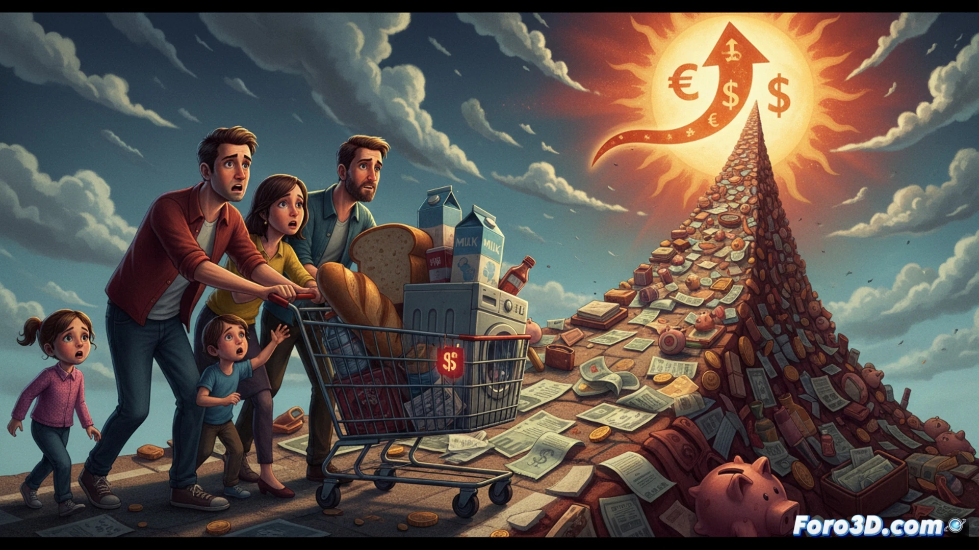 supermarket checkout conveyor belt lined with generic food items, a consumer’s hand holding a shrinking banknote while a digital price display rapidly increments upward, empty wallet beside a shopping cart with only essentials, photorealistic engineering visualization, realistic plastic packaging textures, harsh fluorescent store lighting casting sharp shadows, shallow depth of field focusing on the hand and price display, subtle motion blur on the rising numbers, cold metallic checkout surface, dramatic economic tension