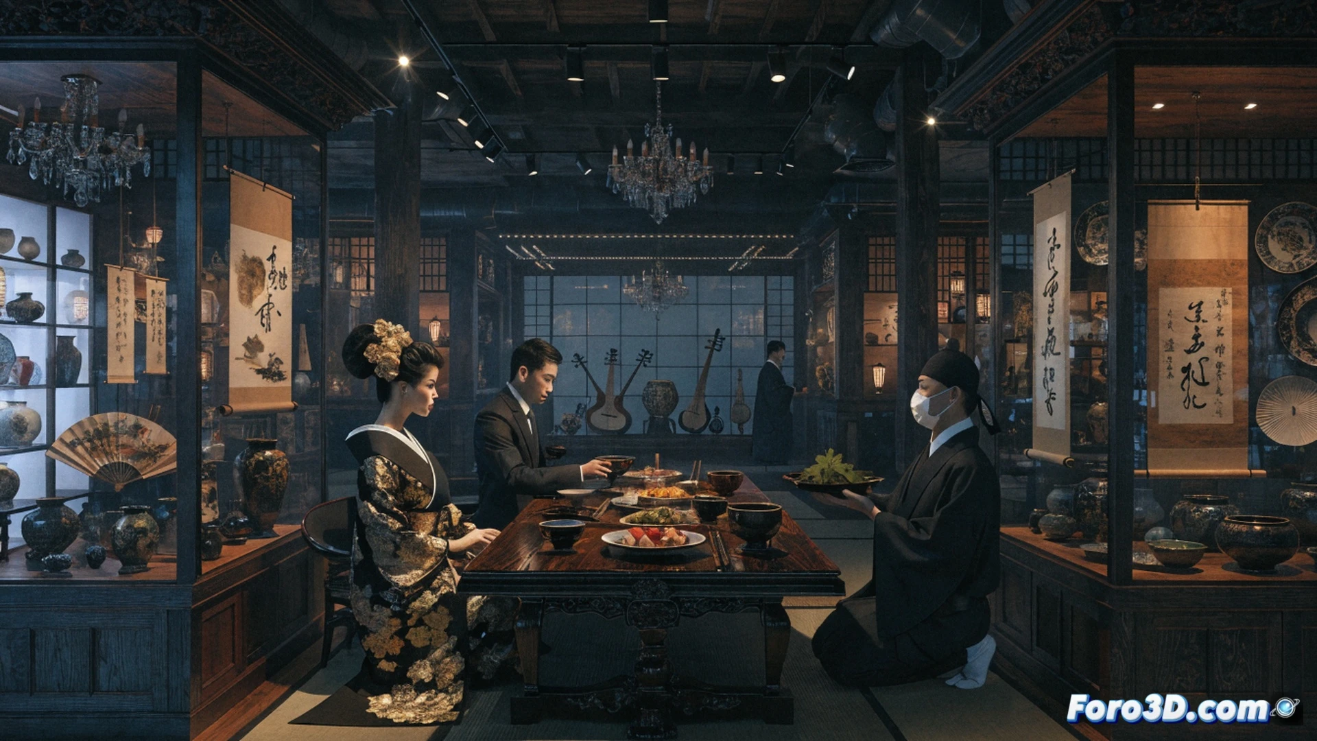Traditional Japanese tea ceremony room with a low wooden table, a single ceramic cup being pushed away by a hand in an expensive suit, rice grains scattered on tatami mats, a torn calligraphy scroll hanging crookedly on the wall, a broken bamboo whisk beside the cup, a security guard standing at a velvet rope blocking a crowd outside a shoji screen, cinematic photorealistic style, dramatic side lighting casting long shadows, warm amber tones contrasting with cold blue exterior light, ultra-detailed textures of wood grain and fabric, symbolic tension between exclusivity and heritage.