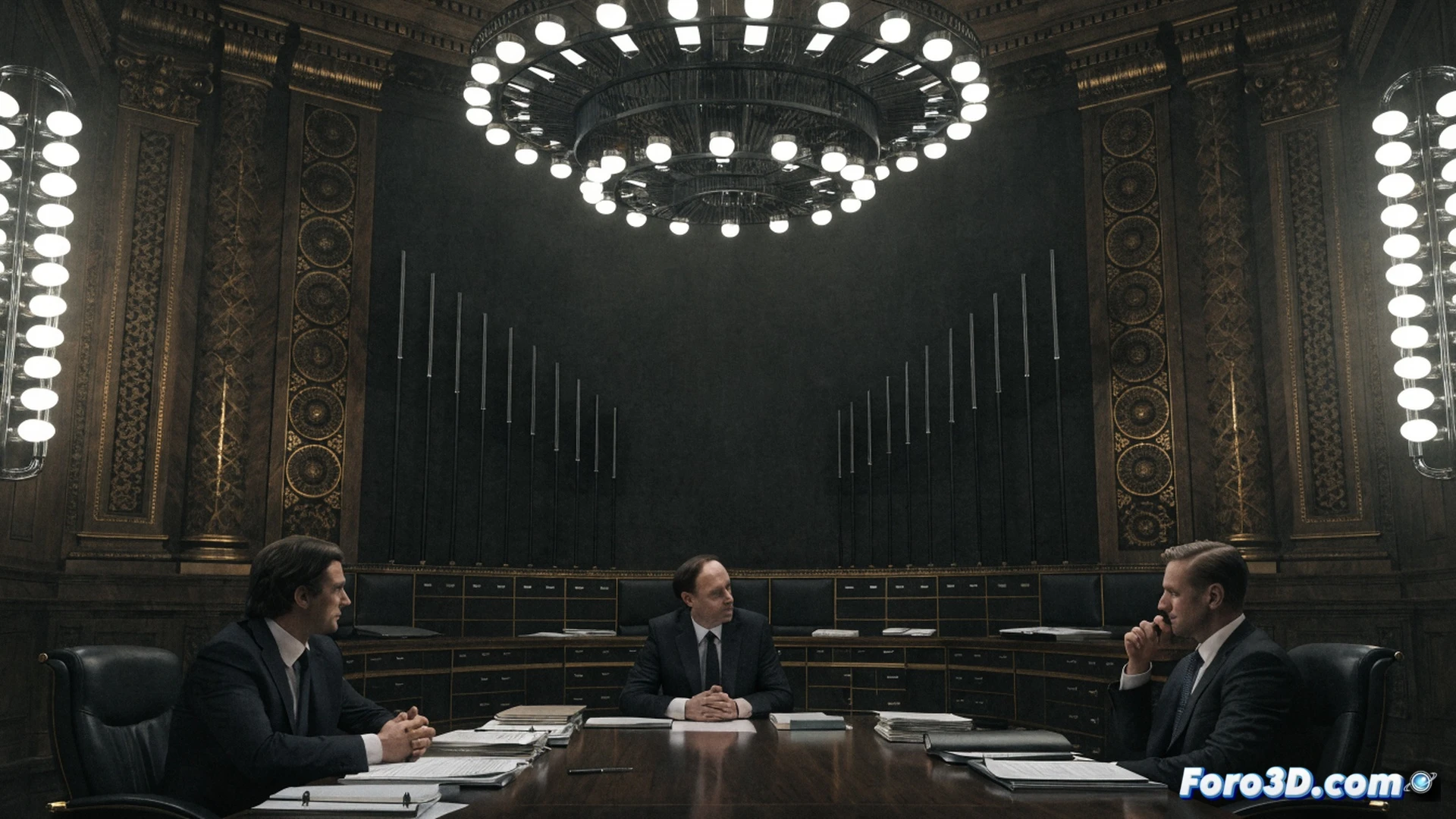 darkened hotel conference room in Varsovia, three european politicians huddled around a polished oak table, jordan bardella pointing at a laptop screen displaying a shared encrypted document, karol nawrocki and krzysztof bosak leaning in while reviewing immigration policy flowcharts, scattered smartphones with signal-blocking cases, a disconnected overhead projector casting no light, covert meeting atmosphere with drawn curtains, cinematic photorealistic style, dramatic chiaroscuro lighting from a single desk lamp, security earpieces visible on the table, tension in body language, ultra-detailed textures on suits and wood grain, shallow depth of field focusing on the laptop screen