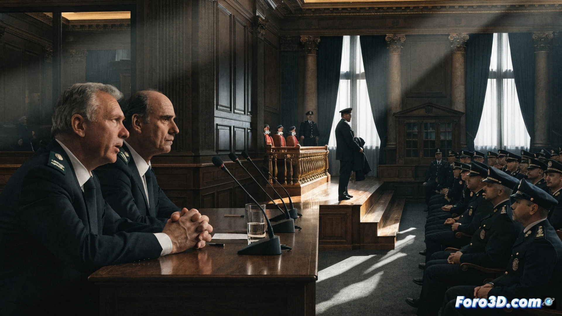 Two uniformed judges seated behind a raised wooden bench in a solemn courtroom, one general in full dress uniform standing before them, a folder marked with a red classified stamp open on the table, another general in the background handing a sealed envelope to a clerk, security cameras angled down from the ceiling, brass railings and Spanish flag visible, cinematic photorealistic render, dramatic shadows from overhead lamps, tense atmosphere, polished mahogany surfaces, cold blue-grey light, ultra-detailed textures of fabric and wood, forensic evidence markers on the floor