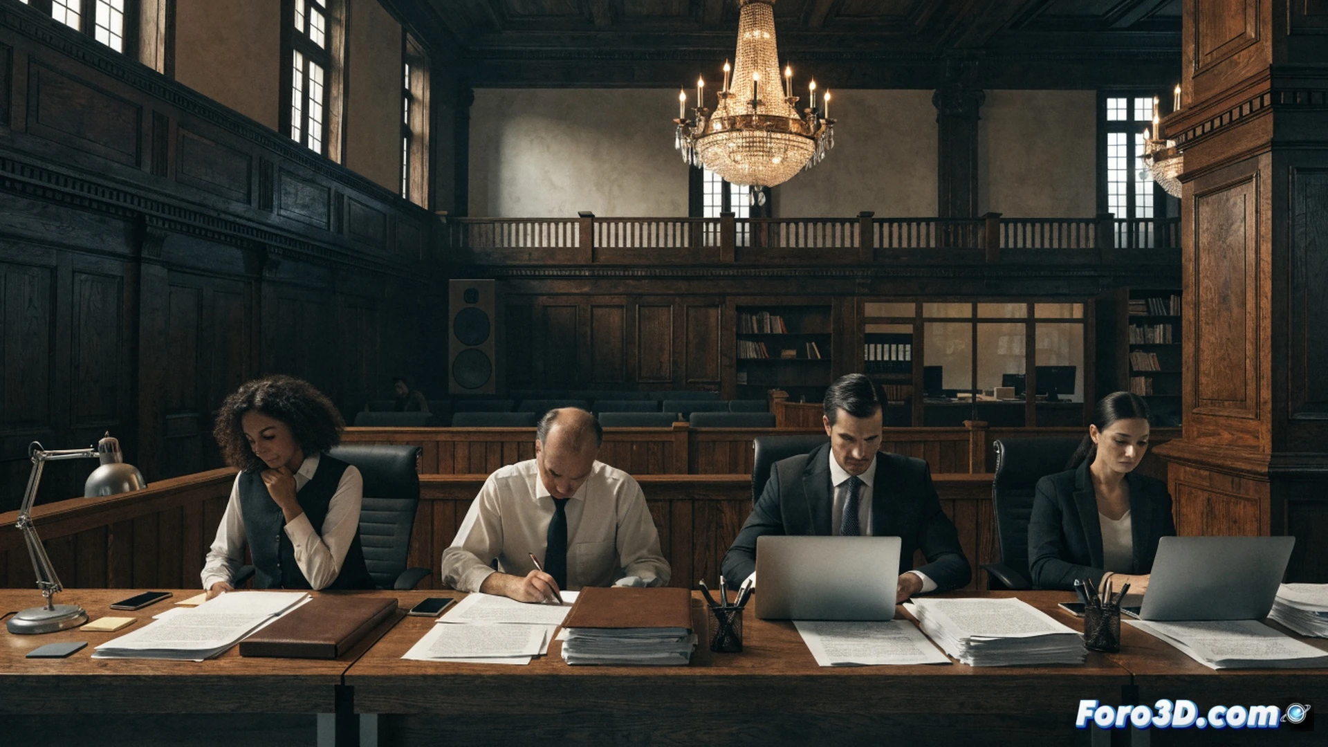 Juzgado de Catarroja, sala de archivos judiciales, cuatro funcionarios clave trabajando en mesas con expedientes abiertos y ordenadores, jueza revisando documentos en segundo plano, reloj de pared marcando justo después del 30 de junio, proceso de continuidad administrativa mostrando comisiones de servicio activas, interinos firmando papeles, luz natural entrando por ventanas altas, estanterías metálicas con carpetas apiladas, atmósfera de urgencia controlada, estilo cinematográfico realista, iluminación sobria y profesional, enfoque nítido en rostros concentrados y manos manipulando documentos legales