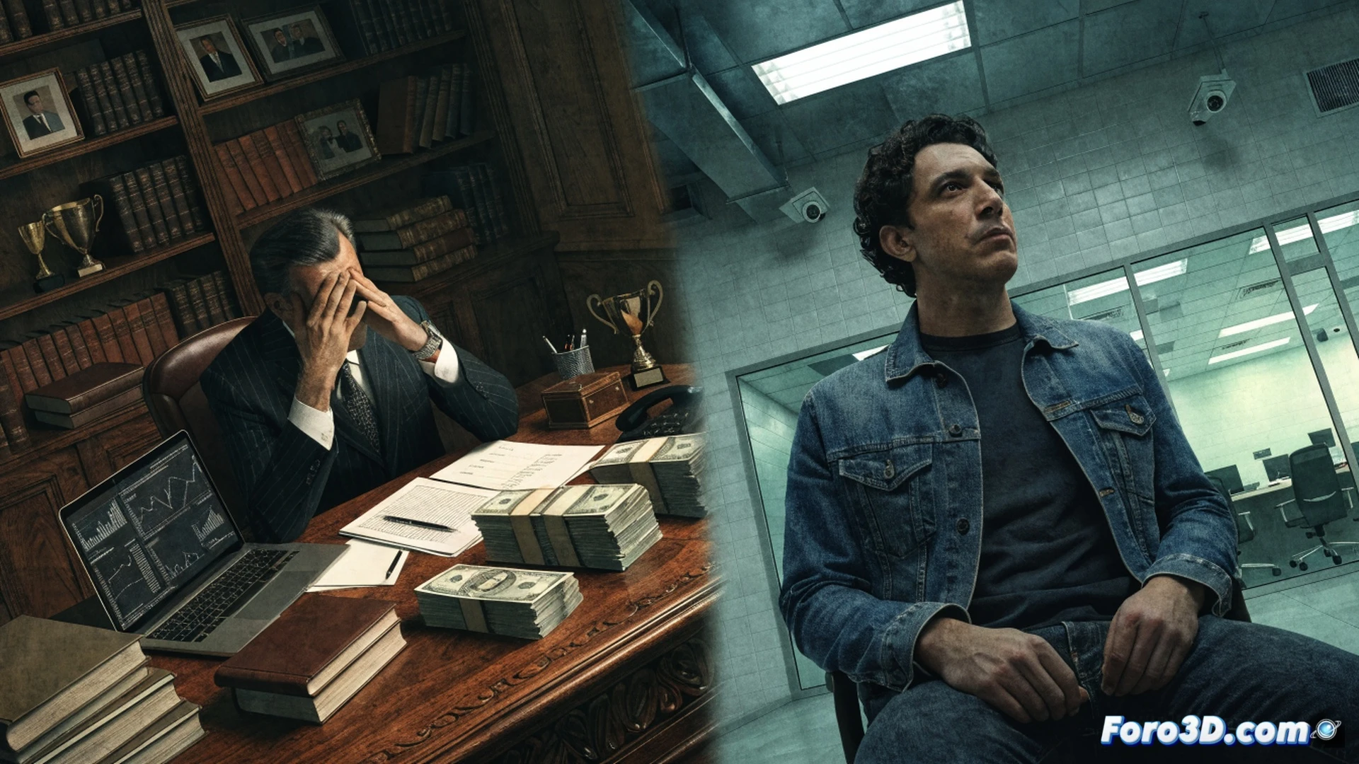 Cinematic courtroom scene, judge’s gavel striking block, handcuffs falling onto polished mahogany table, digital evidence tablet displaying glowing timeline of bribes and contracts, briefcase spilling folded documents labeled with redacted seals, shadowy figures in suits exchanging folders across a glass partition, photorealistic technical illustration, cold blue overhead light casting sharp shadows, high-contrast dramatic lighting, ultra-detailed textures of leather and paper, forensic evidence markers on floor, single spotlight on the gavel, corruption case visualization
