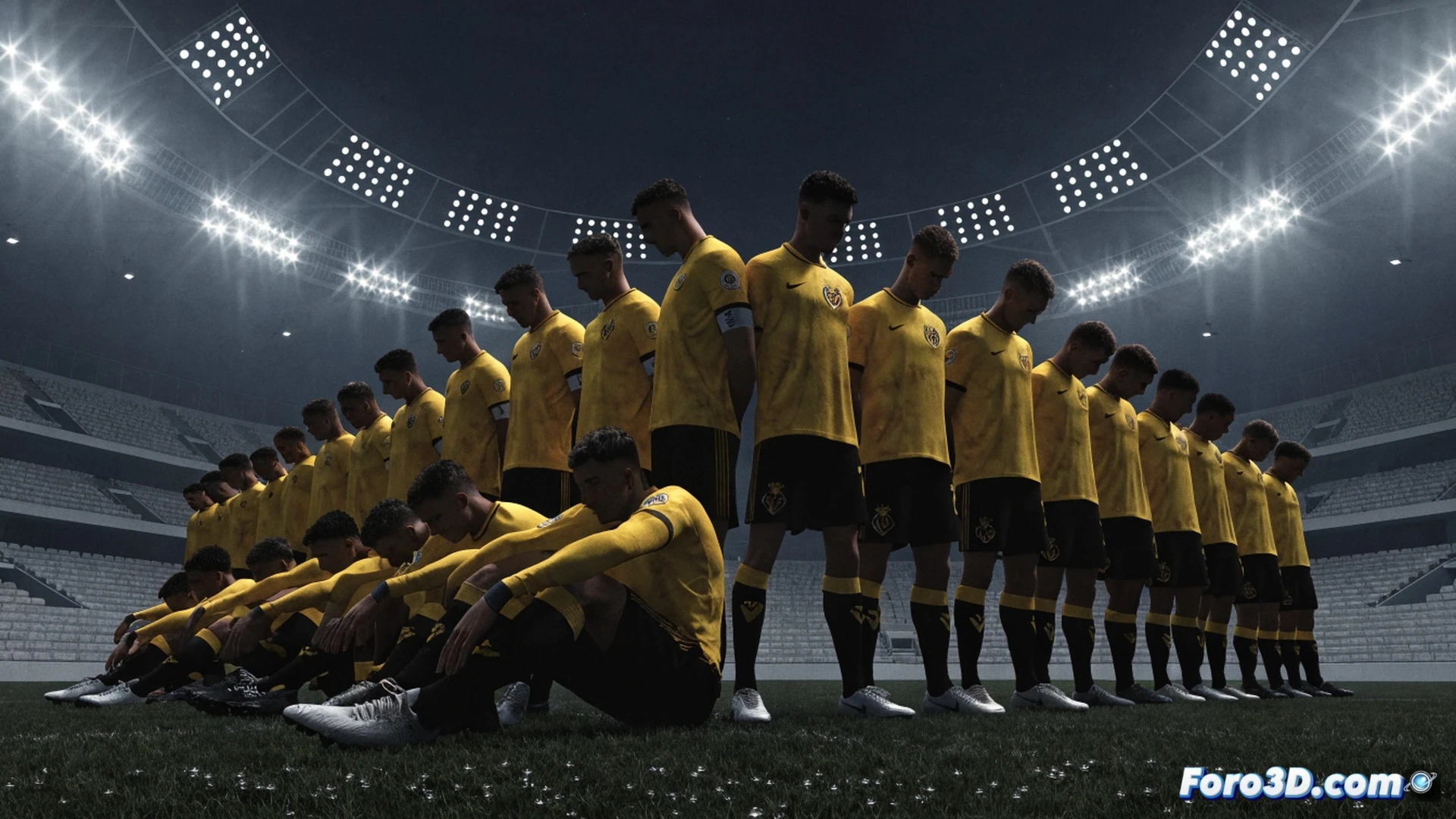 Cinematic wide shot of a football match in a 3D animation software interface, a digital player in yellow uniform maintaining defensive structure while a blue attacker scores, timeline scrubbing paused mid-action, wireframe overlays showing tactical formations and motion paths, viewport with grid and axis helpers, realistic grass texture with worn patches, dramatic low-angle lighting casting long shadows, photorealistic render style, technical demonstration of failed resistance, clean composition without text