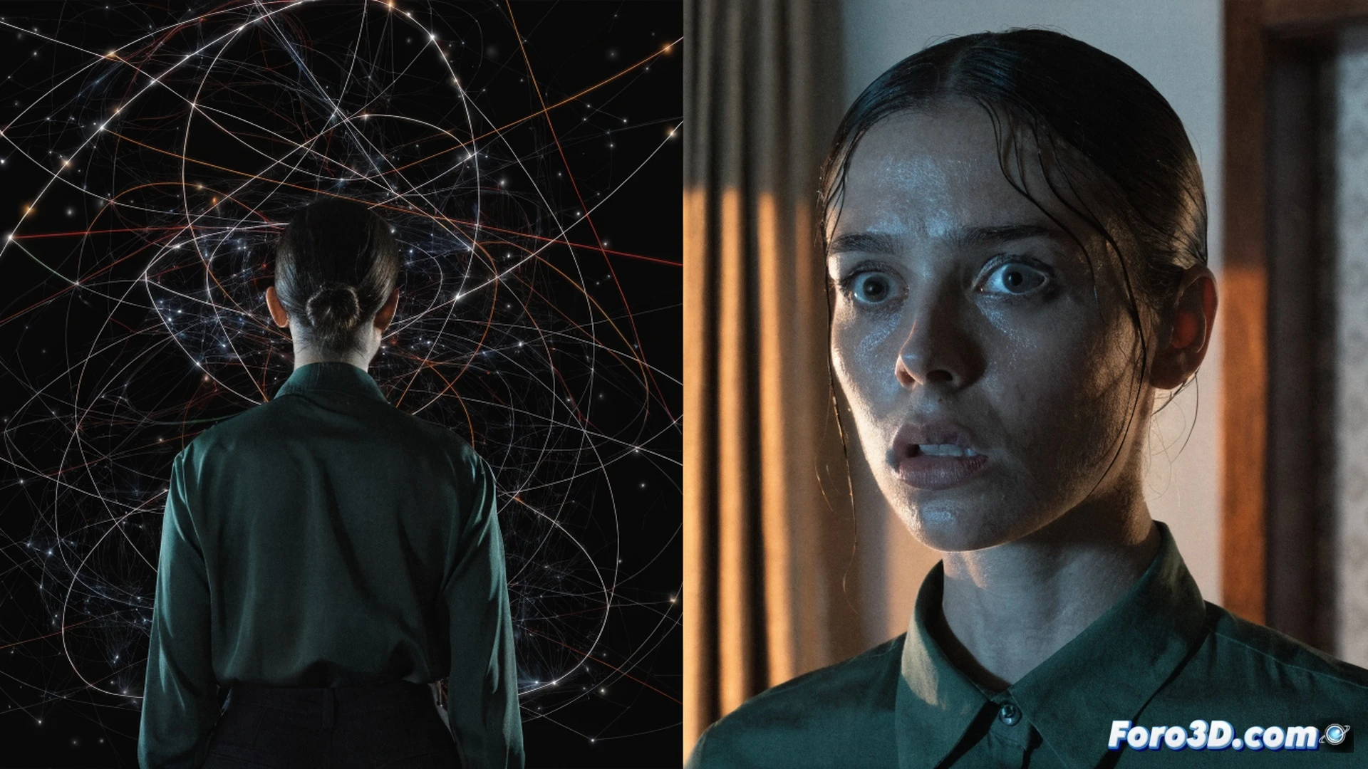 Woman standing in a dimly lit room facing a cracked mirror, her reflection shows a fragmented double image with one side smiling and the other terrified, hands pressing against the glass while fingertips leave smudges, shattered memory fragments floating in the air like broken holographic data, cinematic thriller lighting with shadows cutting across her face, photorealistic style, psychological tension visible in her posture, cold blue and grey color palette, dust particles suspended in harsh beam of light, ultra-detailed skin texture and reflective glass surface