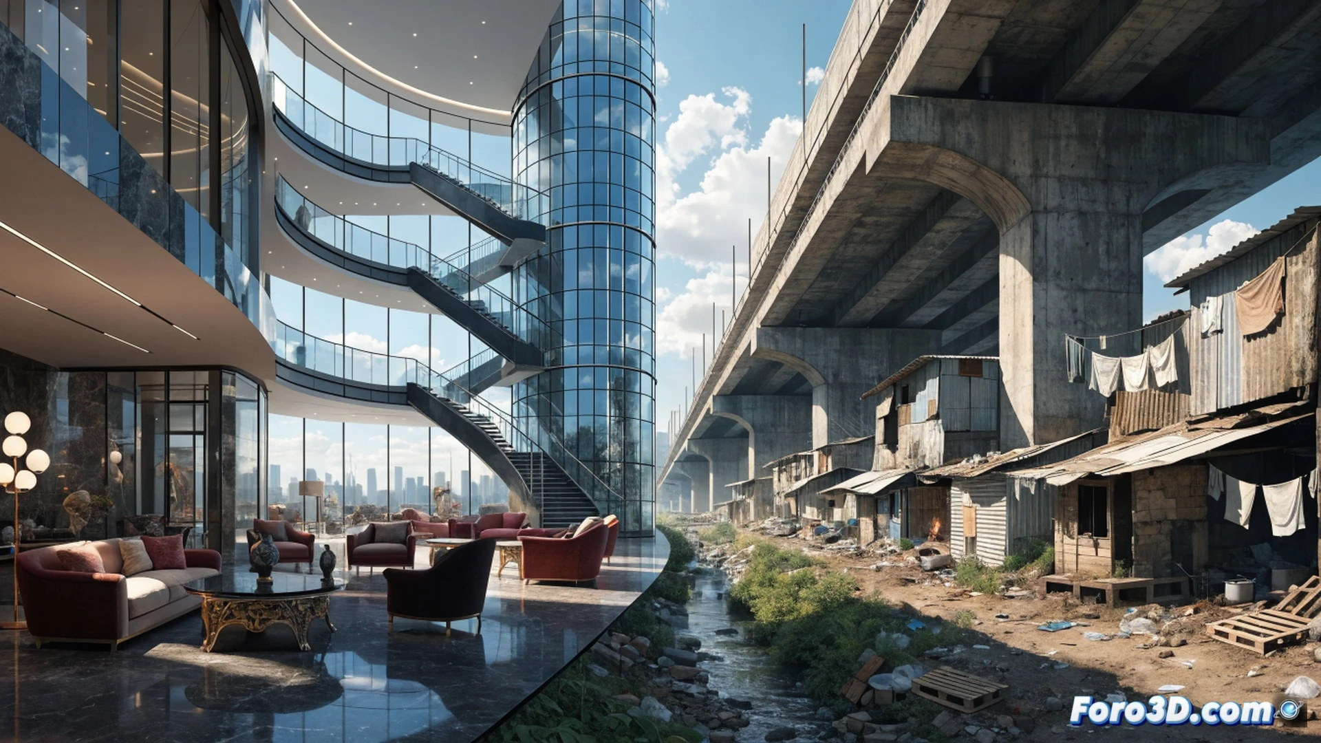 cinematic photorealistic scene showing a glass globe splitting into two unequal halves, one side filled with golden coins and luxury mansions floating upward toward a dark cloud labeled offshore tax haven, the other side showing cracked earth and a collapsed hospital roof, a giant mechanical hand in the background adjusting a fiscal policy lever that tilts the entire world, gears and tax code scrolls visible inside the mechanism, dramatic chiaroscuro lighting, ultra-detailed textures, political technical illustration style