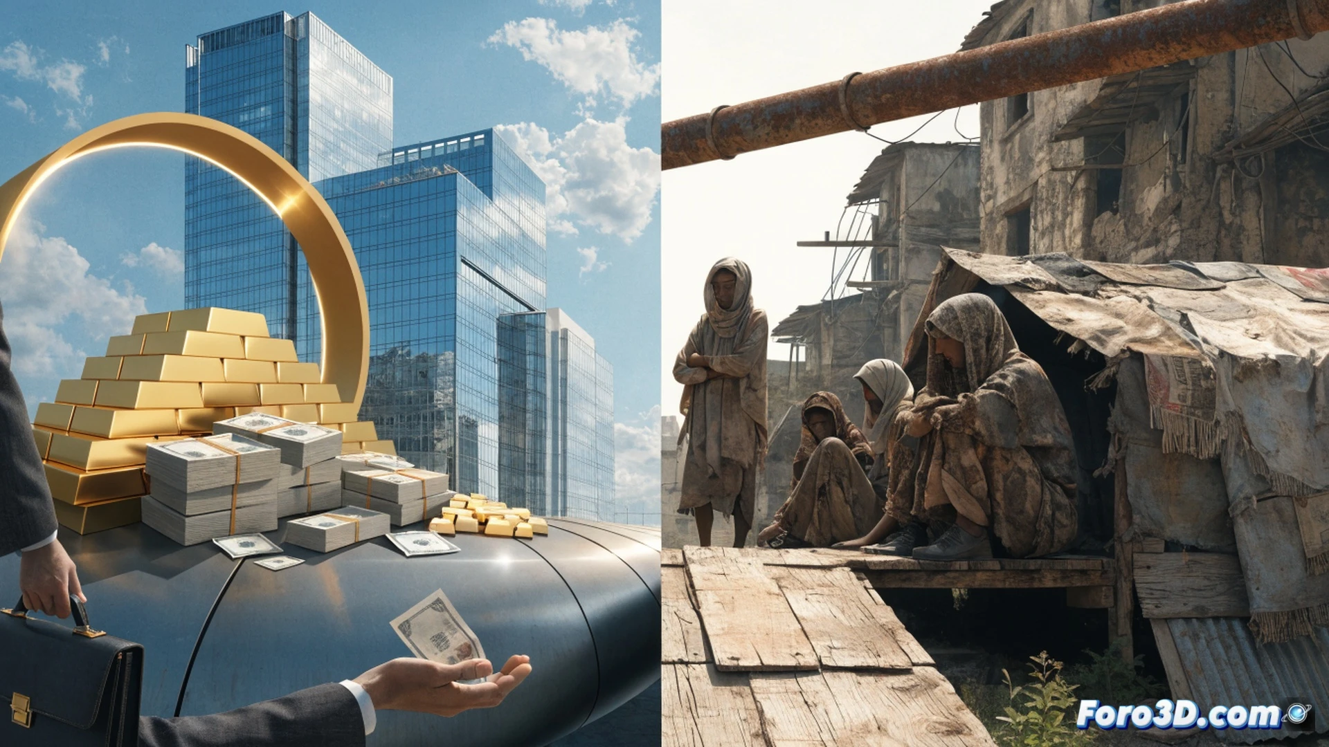 Global economic system as a massive machine, gears labeled with tax loopholes and offshore accounts crushing a small worker figure under their weight, while a glowing control panel shows rising inequality graphs and a broken redistribution lever, cinematic photorealistic engineering visualization, metallic industrial lighting, dark oil-slick textures, hyper-detailed mechanical components, dramatic shadows, worker figure wearing safety vest and hard hat, sparks flying from jammed mechanisms, demonstrating structural failure of wealth distribution