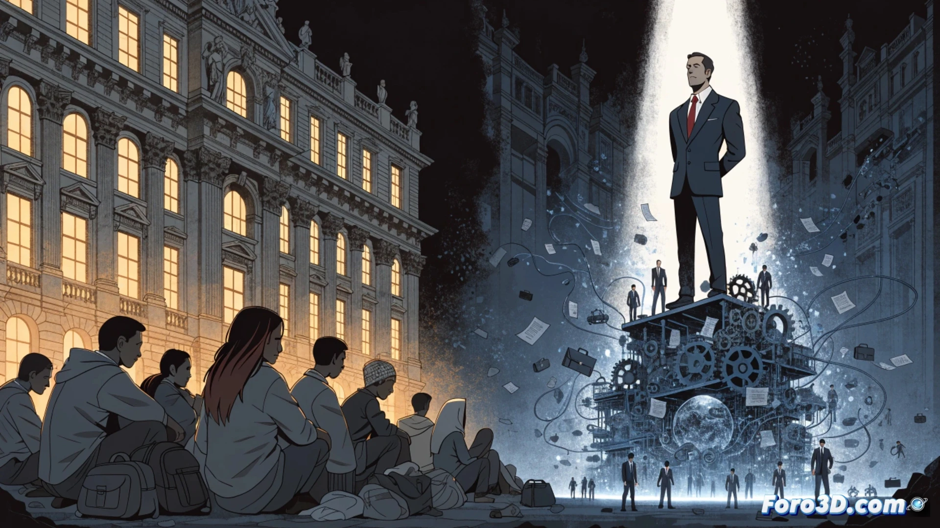 photorealistic technical illustration of a massive golden vault overflowing with cash and corporate logos, while a transparent glass pyramid hangs above, empty-handed workers below pushing heavy gears labeled cotizaciones, arrows showing wealth flowing upward into offshore accounts instead of into the vault, glowing red tax evasion loopholes cutting through the system, dramatic industrial lighting, ultra-detailed mechanical structures, cinematic engineering visualization, financial infrastructure as physical machinery, dark metallic tones with gold highlights