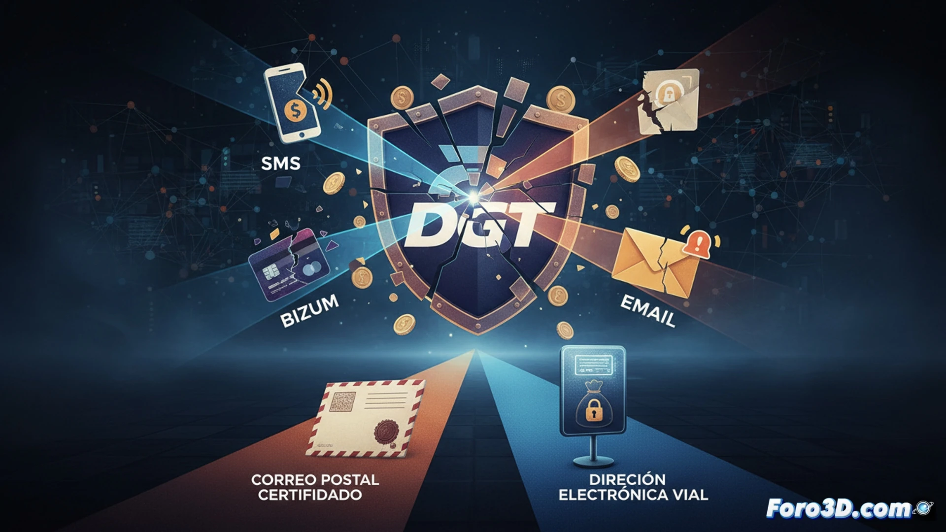 Photorealistic scene of a smartphone screen glowing with a fake traffic fine notification, a hand holding the phone while another hand types on a laptop showing a phishing email interface, a glowing red warning icon hovering above the phone, a digital padlock symbol broken beside a fake DGT logo, malicious code lines visible on the laptop screen, dark room with dramatic blue and red lighting, cybercrime investigation atmosphere, ultra-detailed electronic devices, cinematic security alert visualization