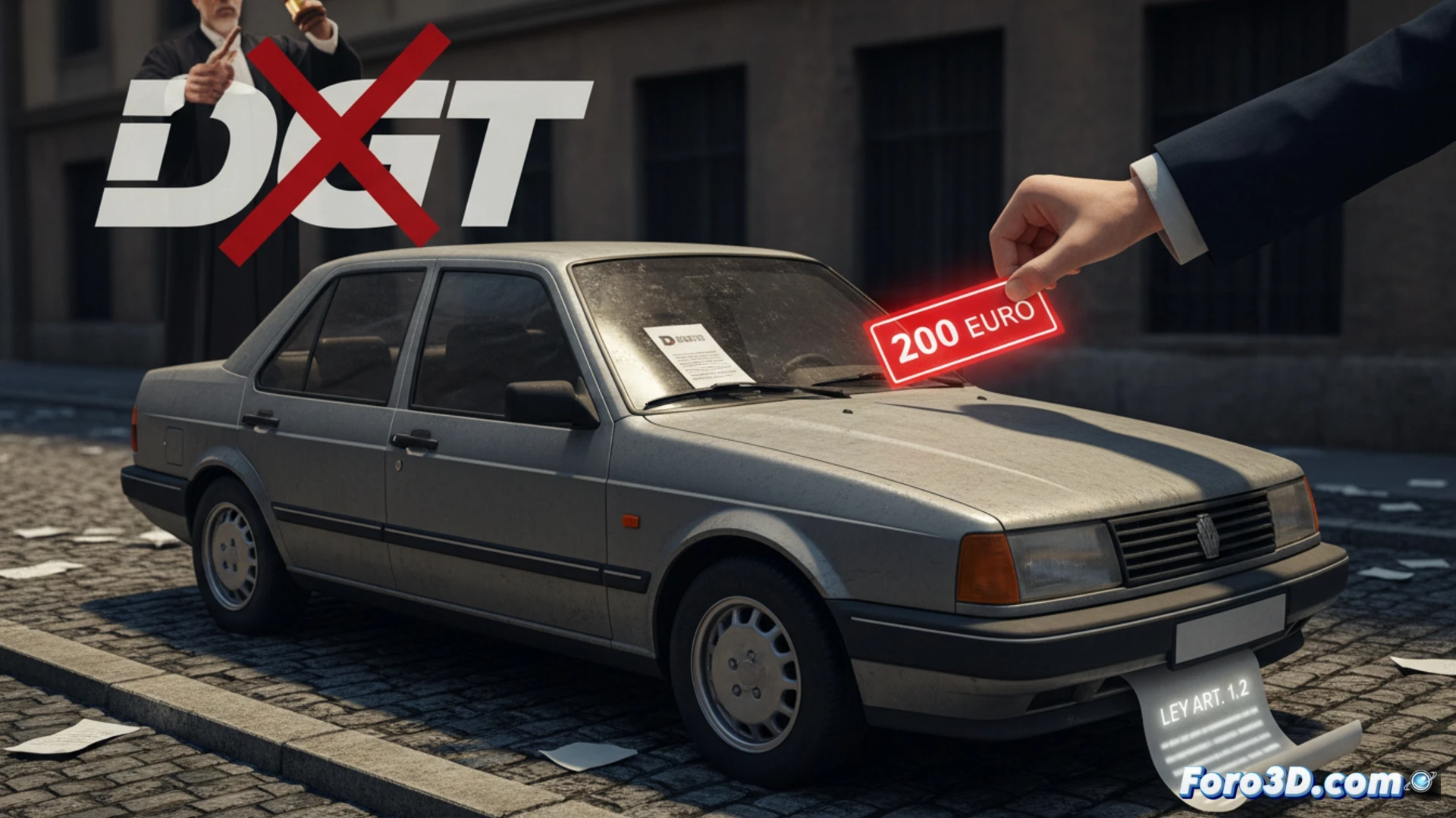 urban street scene at night, a parked car with expired ITV sticker on windshield, a traffic officer placing a 200 euro fine envelope under the wiper, while a ghostly transparent judge’s gavel strikes down an identical ticket in the background, showing the legal contradiction, cinematic photorealistic technical illustration, wet asphalt reflecting headlights, dramatic chiaroscuro lighting, detailed car body and street elements, ultra-realistic textures, depth of field focusing on the ticket and sticker