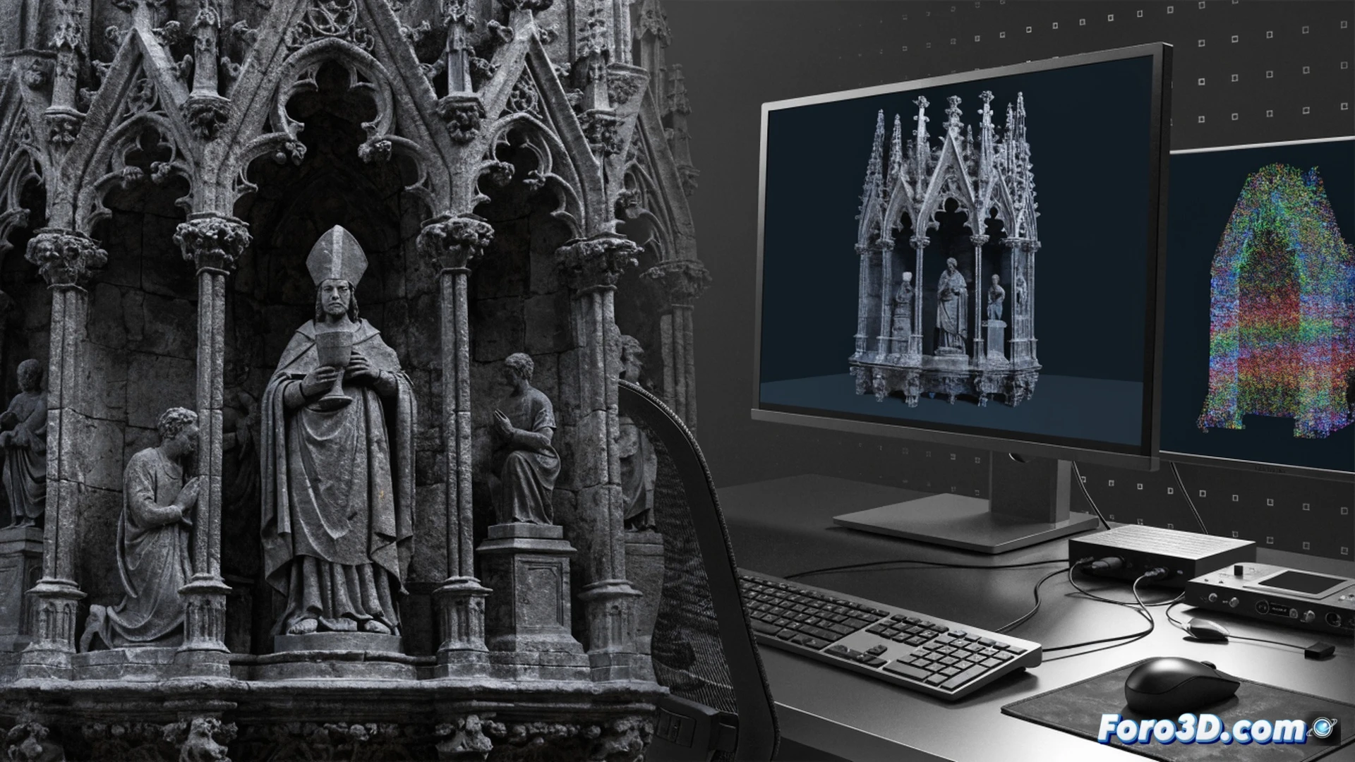 digitization process of a gothic wooden altarpiece, a high-resolution 3D scanner mounted on a tripod projecting a grid of blue laser lines across a carved saint statue, a technician adjusting the scanning angle while a laptop screen displays a rotating wireframe model of the sculpture, stone columns and stained glass in background, soft church lighting with focused spot on the artifact, cinematic photorealistic technical illustration, ultra-detailed wood grain and gold leaf textures, dramatic shadows emphasizing depth