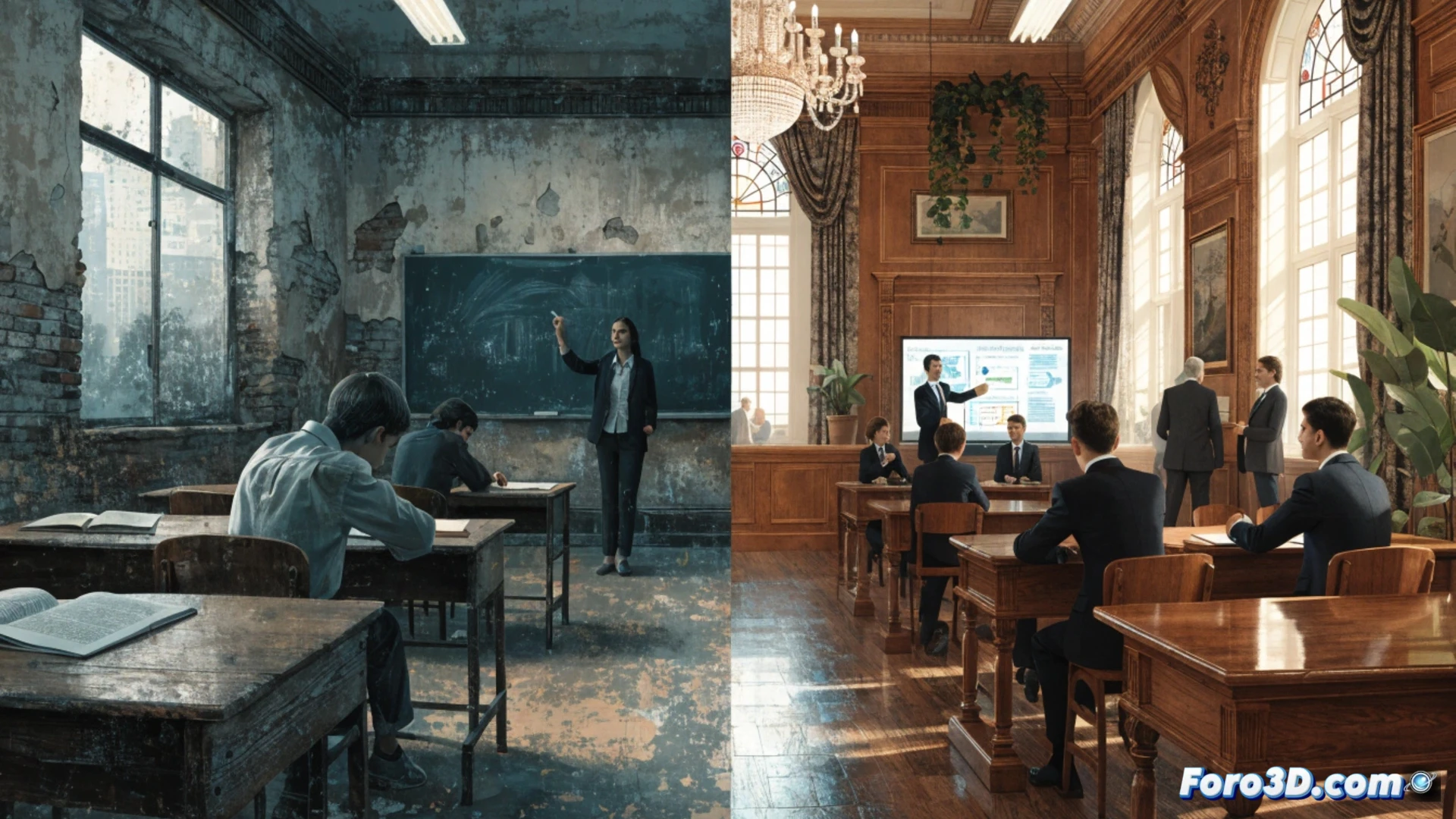 public school classroom scene split in two halves, left side showing overcrowded room with broken chairs and peeling paint, right side revealing luxurious private school corridor with marble floors and empty spaces, judicial gavel mid-strike on a document between both scenes, educational budget papers floating in the air, one set torn and faded representing public cuts, other set pristine and stacked representing concertado funding, dramatic chiaroscuro lighting emphasizing inequality, photorealistic architectural visualization, cinematic wide angle lens, technical detail in floor tiles and ceiling structures, realistic shadows and reflections, high contrast color grading with cold blue tones for public side and warm golden hues for private side