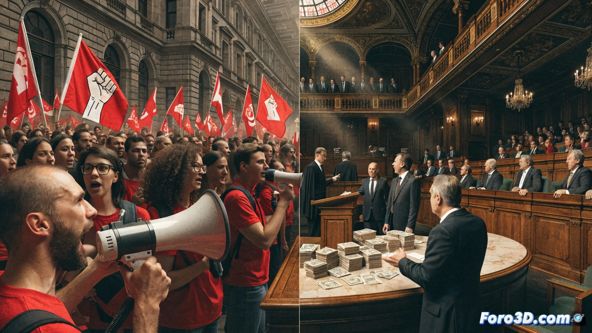 political party headquarters building with transparent glass walls revealing a split interior, left side shows protesters holding signs against public spending while right side shows cash-filled government funding documents being processed, a politician figure stands at the center holding a microphone with one hand while the other hand reaches into a tax-funded treasury chest, desktop computers display budget spreadsheets with red negative arrows, cinematic photorealistic style, dramatic chiaroscuro lighting casting half the scene in shadow, complex financial documents scattered on desks, surveillance cameras monitoring the contradiction, ultra-detailed textures on marble floors and leather chairs, wide-angle lens emphasizing spatial hypocrisy