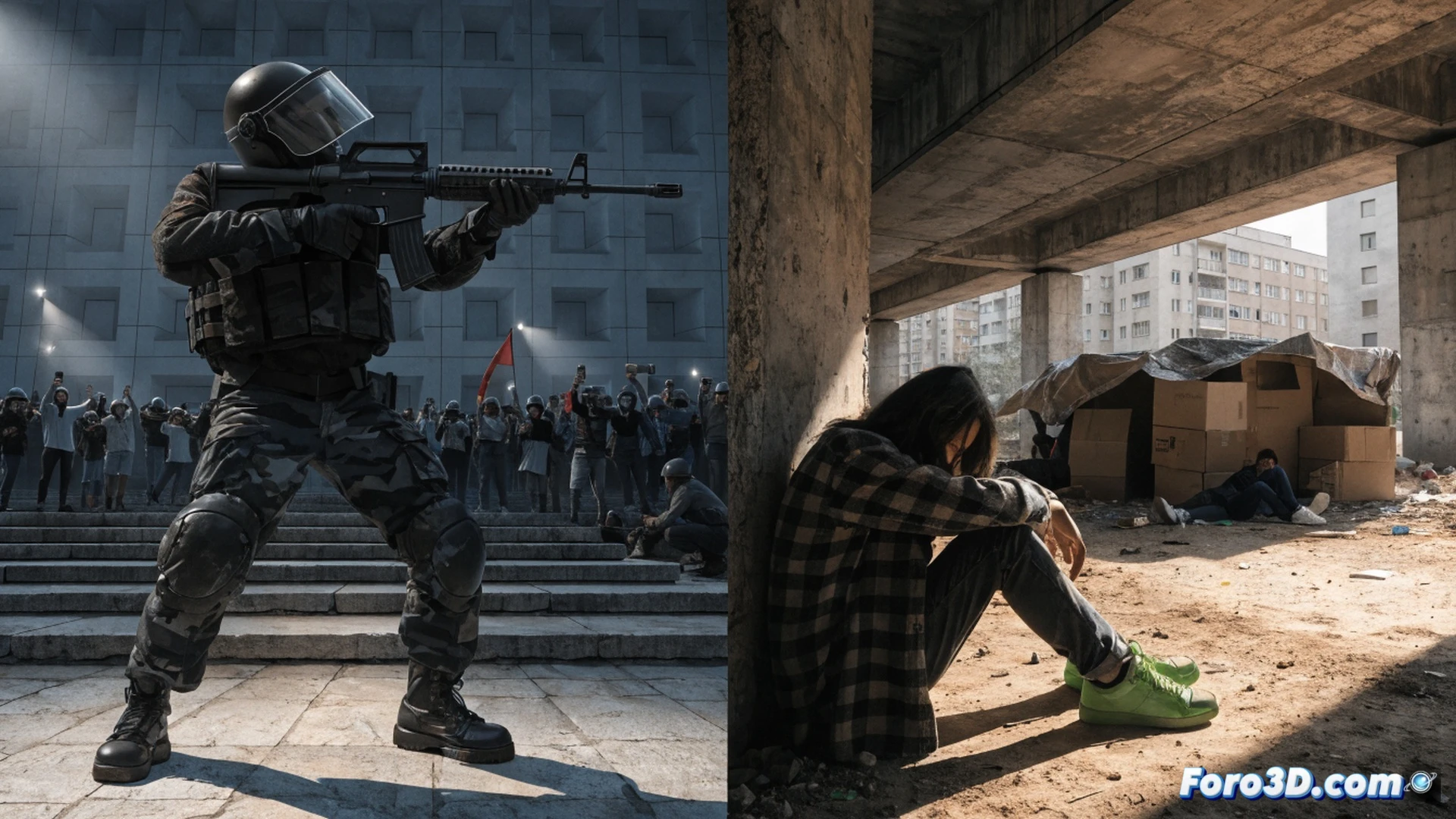 photorealistic scene of a cracked concrete wall splitting in two halves, left side showing a young person in worn clothes looking at a locked job application portal on a broken smartphone, right side showing a polished security camera monitoring a protest, a military drone hovering above, while a homeless figure sleeps near a collapsed housing sign, cinematic lighting with deep shadows, ultra-detailed textures of rust and peeling paint, dramatic contrast between neglected social infrastructure and high-tech surveillance, photorealistic technical render