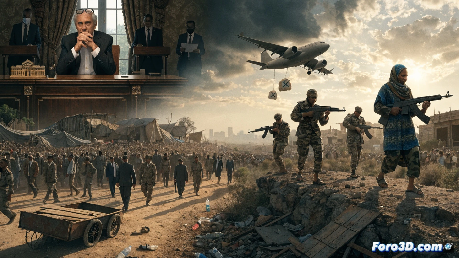 Aerial view of a crumbling city in Sudan, a cargo plane silhouetted against a smoky sky dropping military crates with parachutes, while below a collapsed hospital tent and starving civilians gather, a single drone camera recording the scene, photorealistic cinematic war journalism style, dramatic chiaroscuro lighting, dust particles, smoke trails, metallic crate edges reflecting sunlight, ultra-detailed urban rubble, technical aerial surveillance perspective