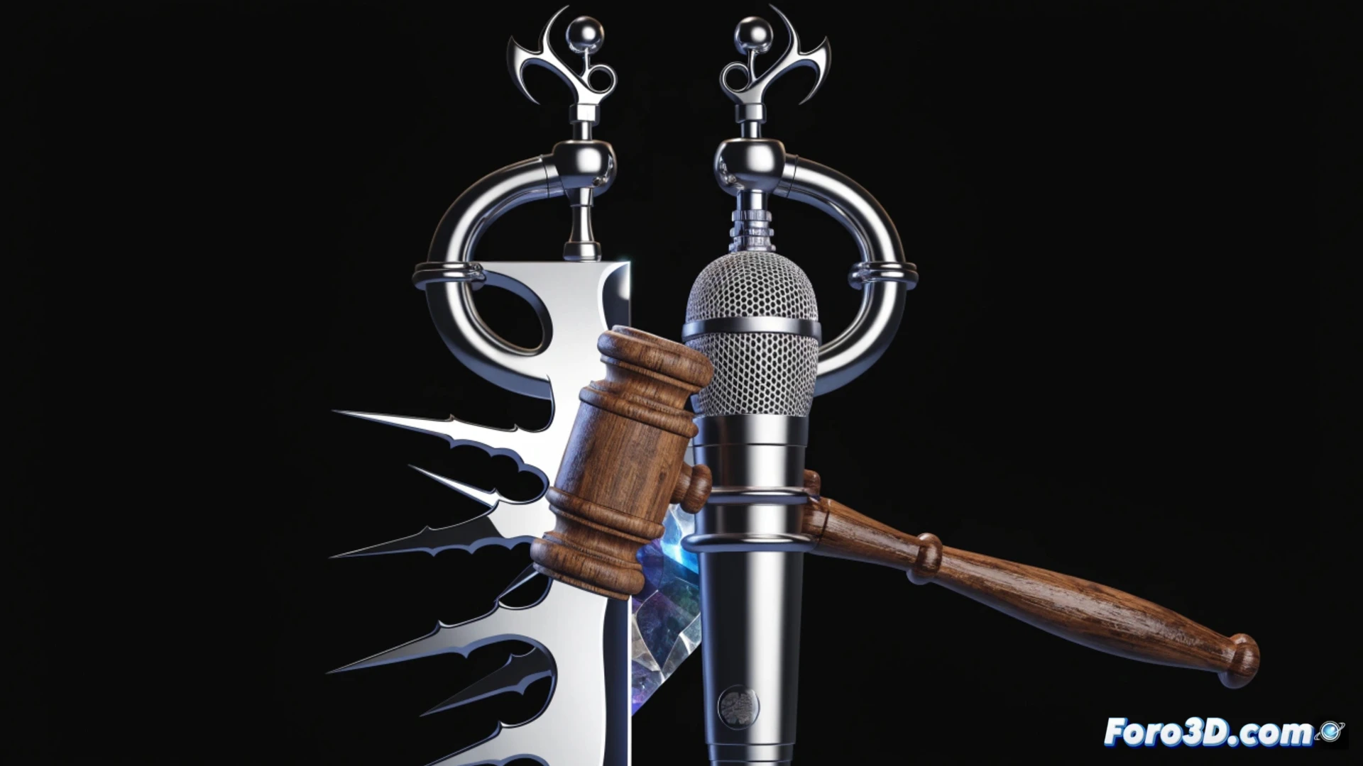 balanced scale with a microphone on one side and a gavel on the other, a politician's hand pressing down on the microphone side while a journalist's hand pushes the gavel side upward, cracked marble base showing double shadows, courtroom setting with blurred TV screens displaying opposing news channels, cinematic technical illustration, dramatic chiaroscuro lighting, photorealistic render, metallic scale details, tension visible in hand tendons, legal documents scattered on the table, high contrast shadows, ultra-detailed texture on wood and stone