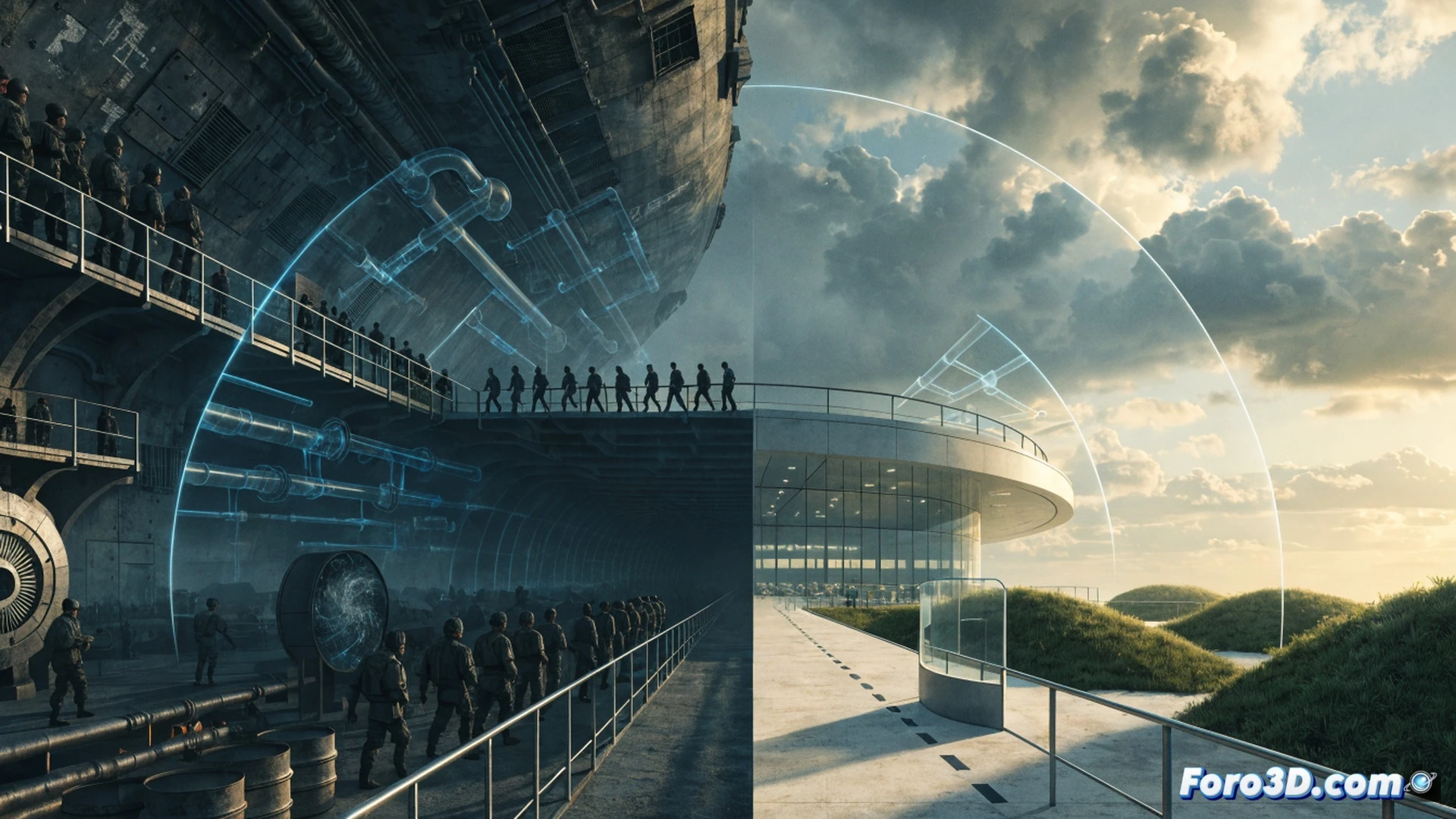Realistic technical illustration of a divided NATO command center, one side showing open books and transparent budget screens, the other side showing obscured documents and a shadowy recruitment poster, a soldier standing hesitantly between two large monitors displaying conflicting troop numbers, dramatic chiaroscuro lighting, photorealistic engineering visualization, metallic conference table, glowing red and blue data cables, dust particles in beams of light, tense atmosphere, ultra-detailed surfaces