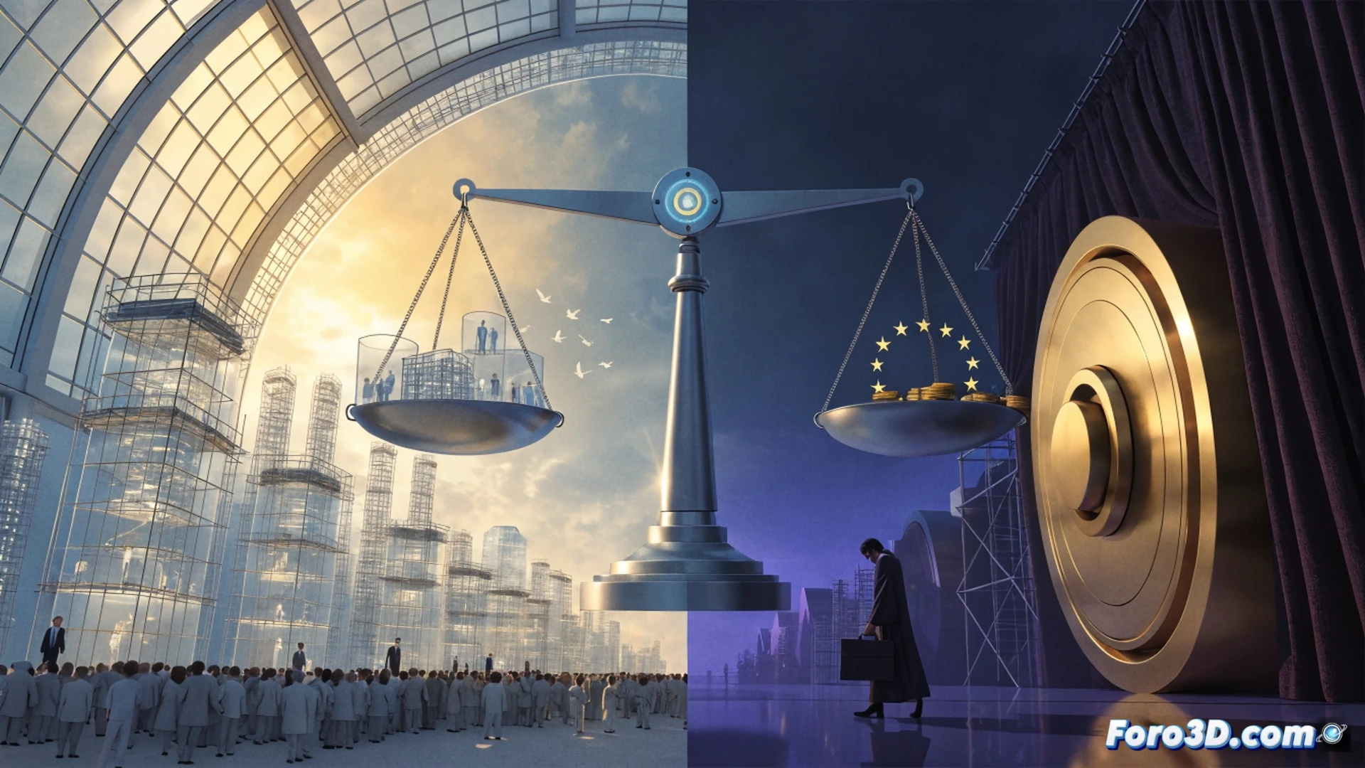 European Union headquarters facade with one door heavily chained and padlocked labeled for new members, while another door wide open with red carpet inside for current members, a figure in official suit holding a scale with one side weighted down by a Hungarian flag blocking a gear mechanism, the other side empty with a checklist floating away, cinematic political illustration, hyperrealistic architectural details, dramatic chiaroscuro lighting casting long shadows, marble floor reflecting the unequal scene, surveillance cameras pointed only at the chained entrance, photorealistic technical render