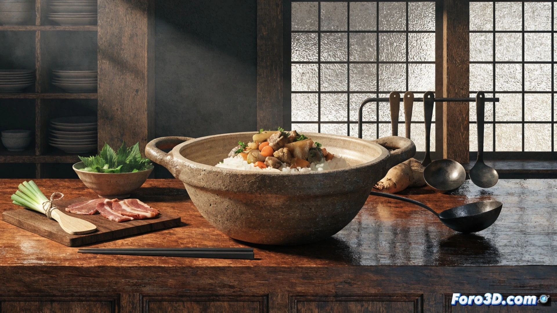 Traditional Japanese donabe clay pot on a wooden stove, steam rising as rice simmers inside, ceramic lid slightly tilted showing bubbling golden broth, chopped vegetables and tofu arranged on a cutting board beside it, hands of a cook adding ingredients with wooden chopsticks, warm ambient kitchen lighting, soft shadows on rustic wooden table, photorealistic culinary scene, detailed clay texture with crackled glaze, gentle steam wisps, natural earth tones, shallow depth of field focusing on the pot, cinematic food photography style