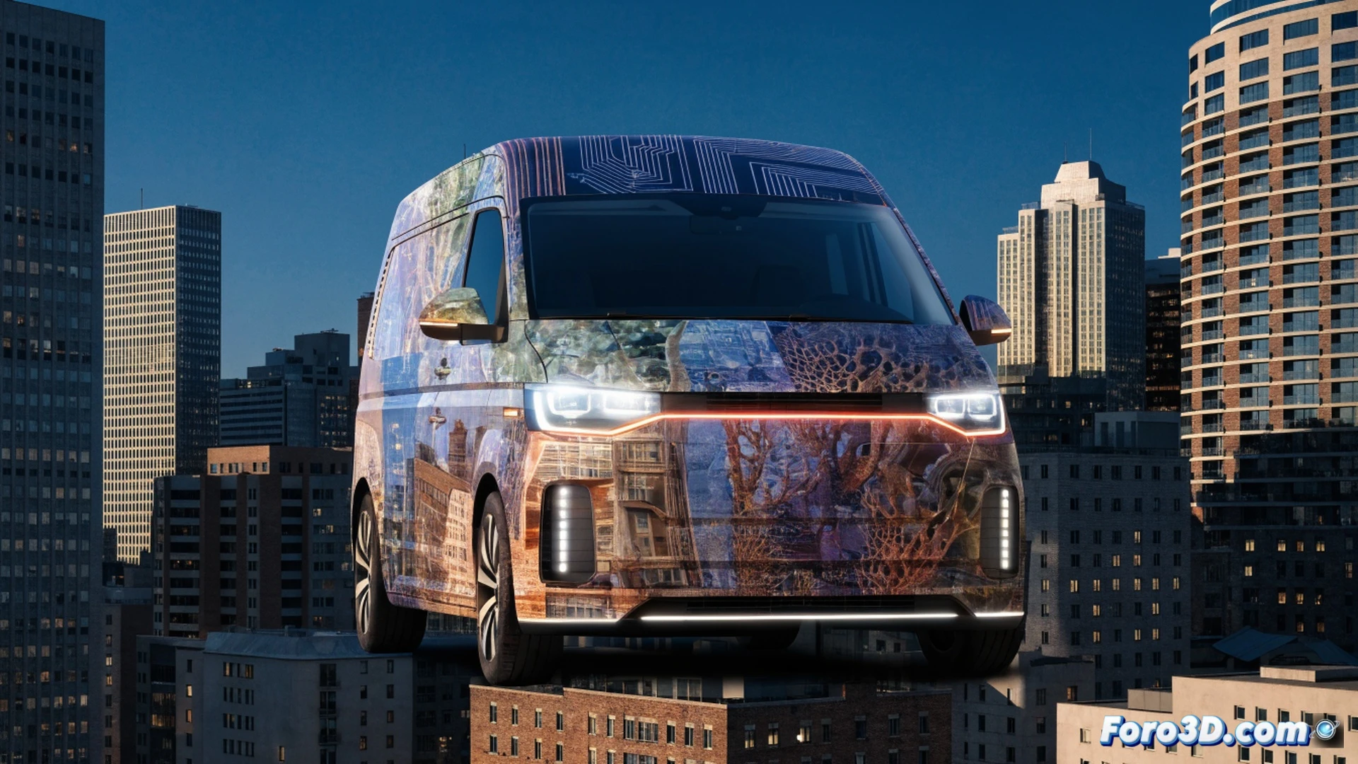 Volkswagen e-Transporter 2028 driving through a futuristic urban canyon, roof-mounted LIDAR sensors scanning surrounding architecture in real time, side panels actively morphing pattern via UV printing to blend with brick and glass facades, generative AI interface glowing inside cabin during pattern adaptation, action showing the vehicle halfway through camouflage transition, cinematic engineering visualization, photorealistic metallic body with matte finish, neon city reflections on pristine white van, dramatic sunset lighting casting long shadows, ultra-detailed sensor array with pulsing blue indicator lights, hyperrealistic industrial render