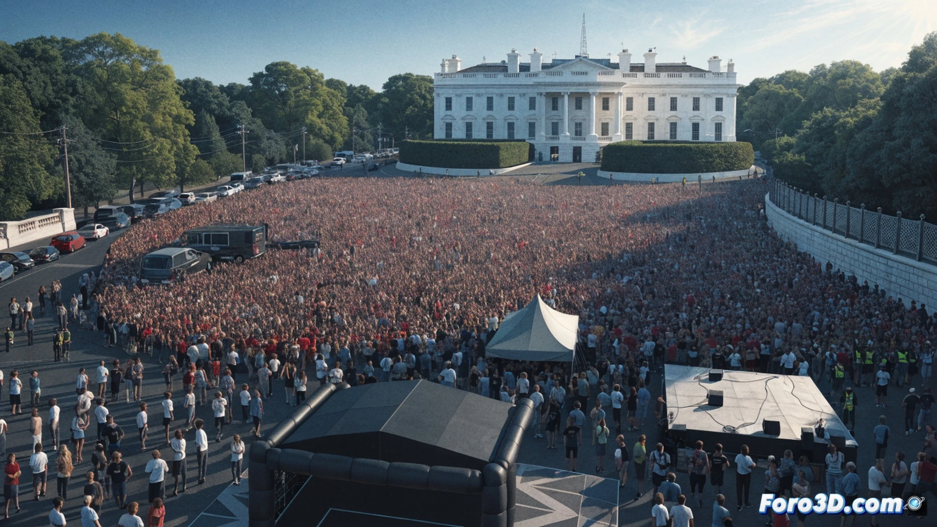 massive crowd of 80,000 fans gathered on the Ellipse lawn during UFC 250 fan fest, with the White House visible in the background, giant LED screen showing Ilia Topuria in action, fans waving flags and cheering, traffic cones and barriers blocking nearby streets, police vehicles managing congestion, cinematic aerial view, photorealistic style, golden hour lighting, crowd density creating a sea of movement, dramatic sky with clouds, ultra-detailed cityscape, technical visualization of large-scale event logistics